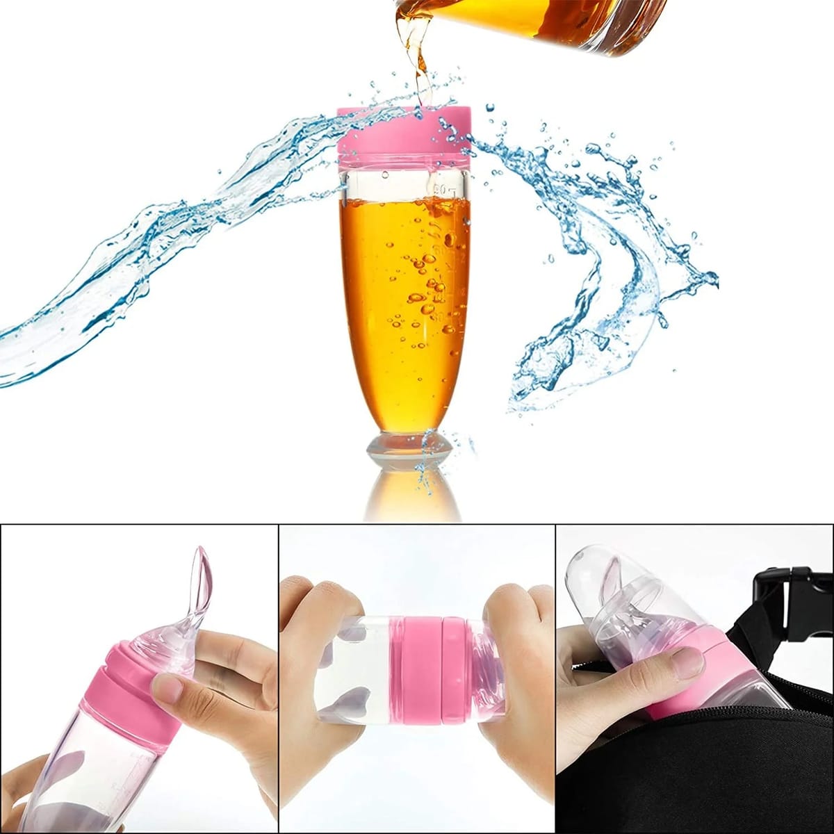 Lingurita din silicon cu rezervor gradat pentru bebelusi, hranire usoara fara BPA, 20,3 cm, roz