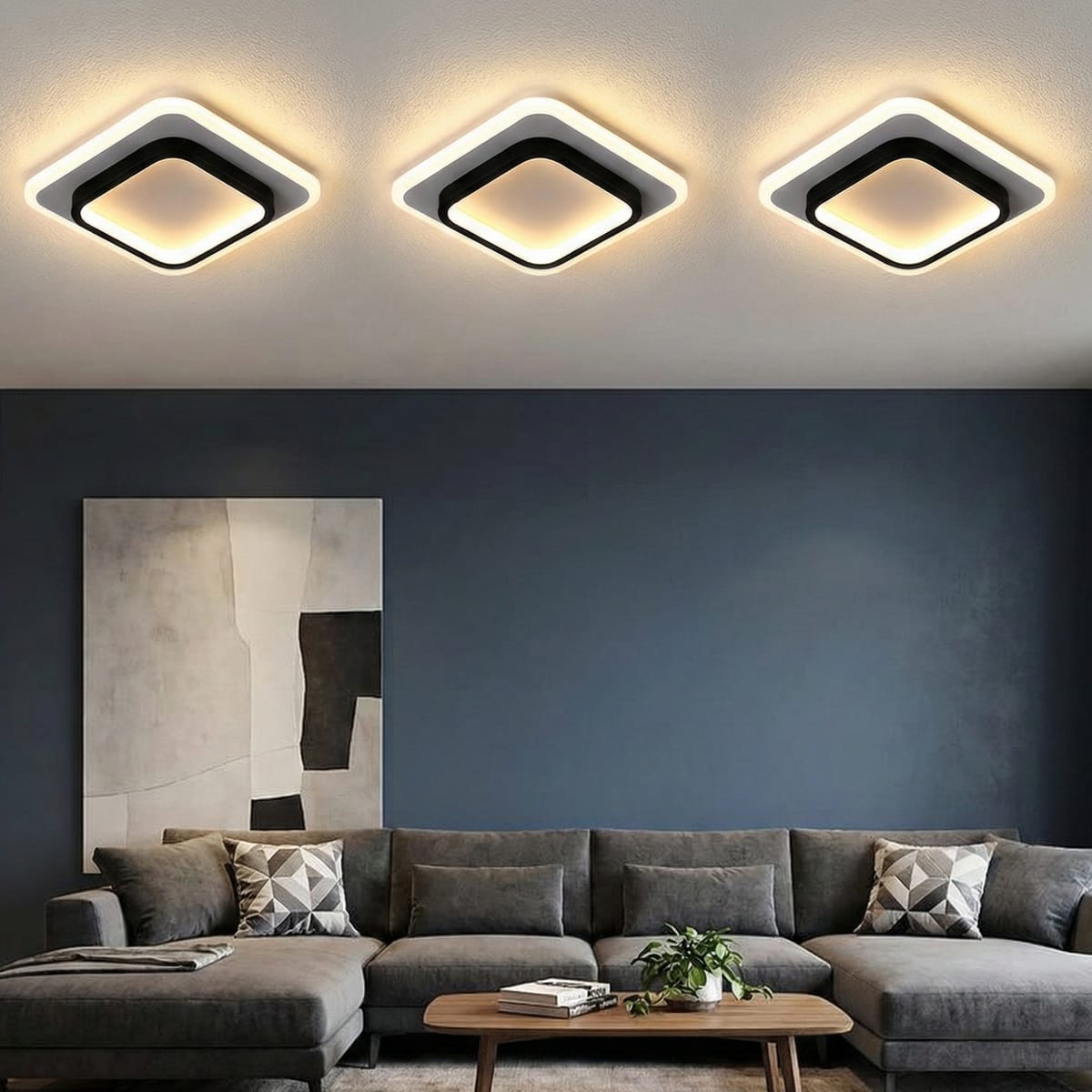 Lustra LED Plafoniera LOKI SQUARE 44W (Echivalent 200W), Design Modern Patrat, Negru+Alb, 24cm