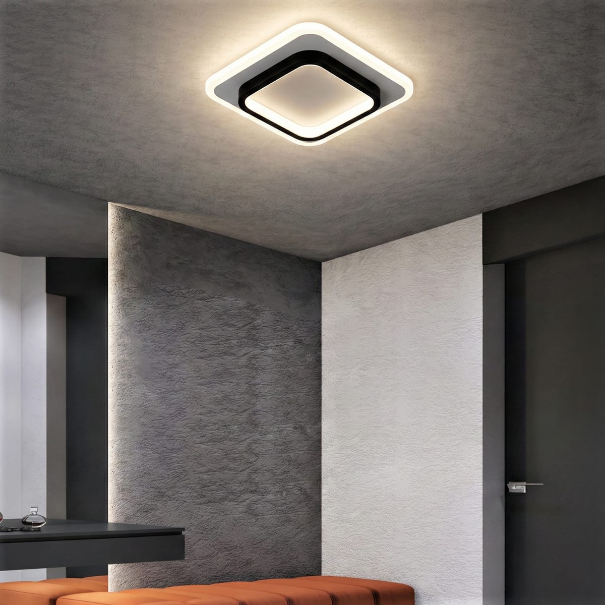Lustra LED Plafoniera LOKI SQUARE 44W (Echivalent 200W), Design Modern Patrat, Negru+Alb, 24cm