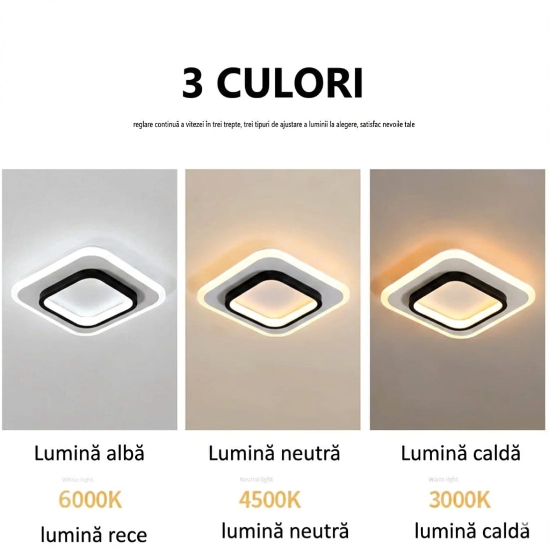 Lustra LED Plafoniera LOKI SQUARE 44W (Echivalent 200W), Design Modern Patrat, Negru+Alb, 24cm