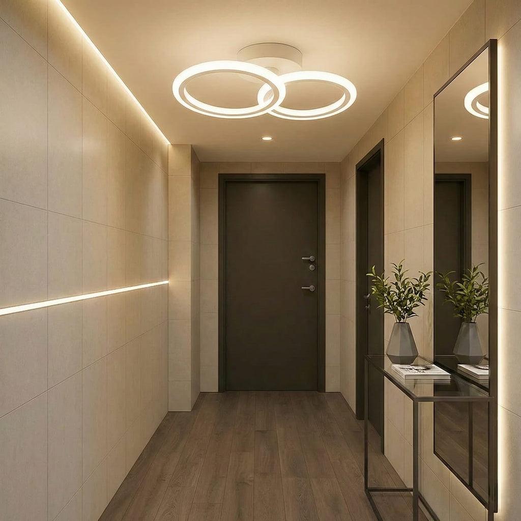 Lustra LED tavan 1+1 cercuri alba, cu telecomanda, echivalent 300W, lustra rotunda pentru dormitor