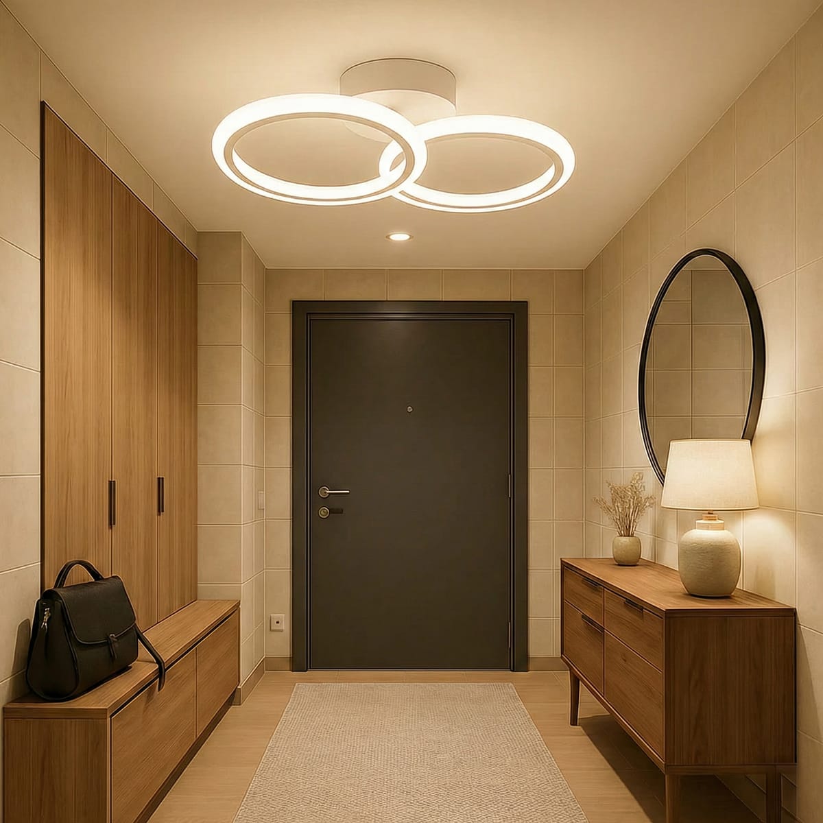 Lustra LED tavan 1+1 cercuri alba, cu telecomanda, echivalent 300W, lustra rotunda pentru dormitor