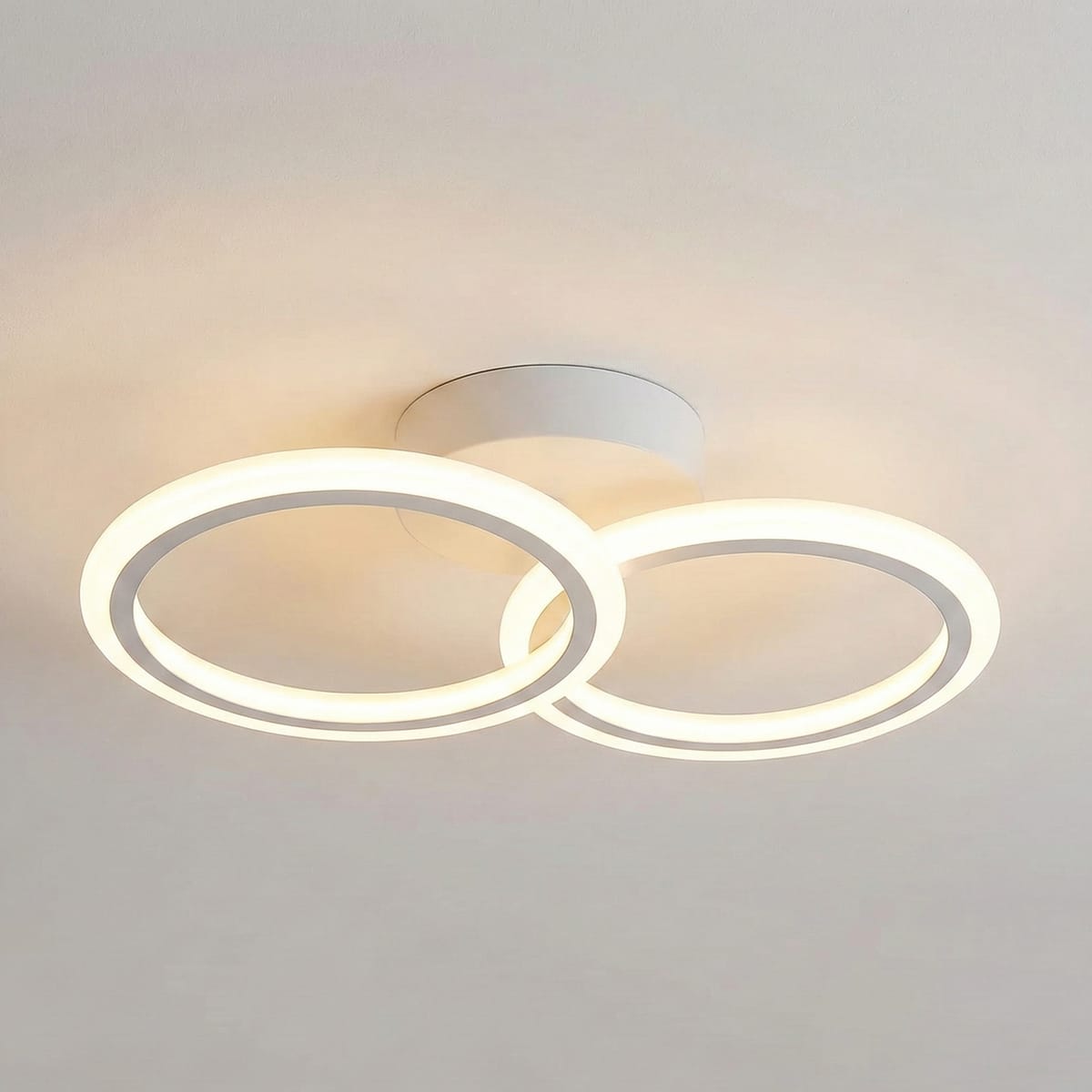 Lustra LED tavan 1+1 cercuri alba, cu telecomanda, echivalent 300W, lustra rotunda pentru dormitor