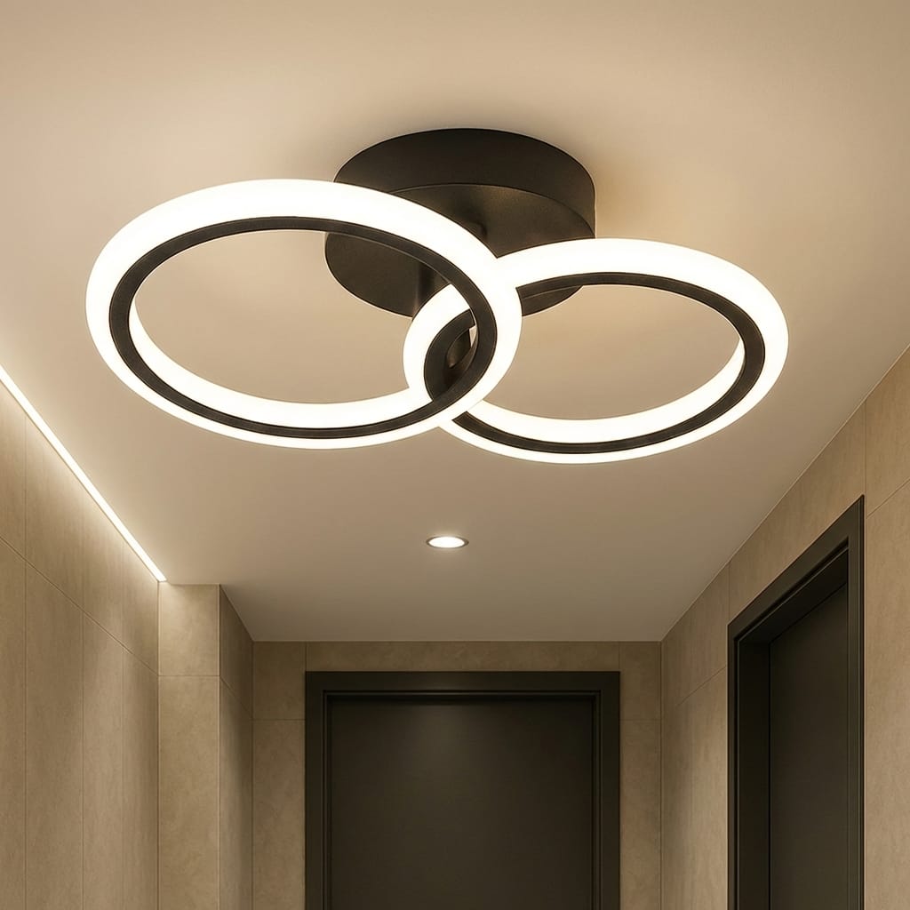 Lustra LED tavan 1+1 cercuri neagra, cu telecomanda, echivalent 300W, lustra rotunda moderna