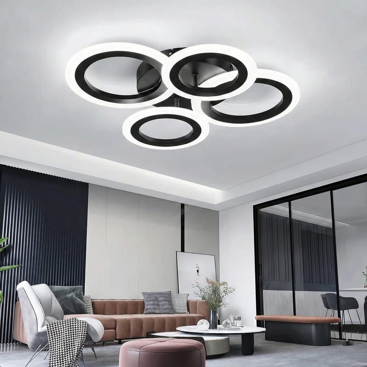 Lustra LED tavan 2+2 cercuri neagra, cu telecomanda, echivalent 400W, lustra moderna pentru living