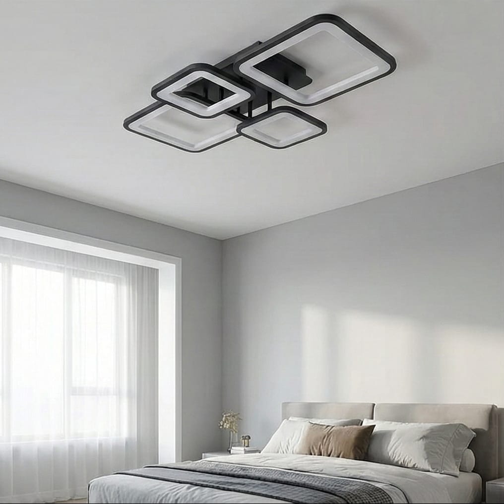 Lustra LED tavan 2+2 patrate neagra, cu telecomanda, echivalent 500W, lustra moderna dormitor