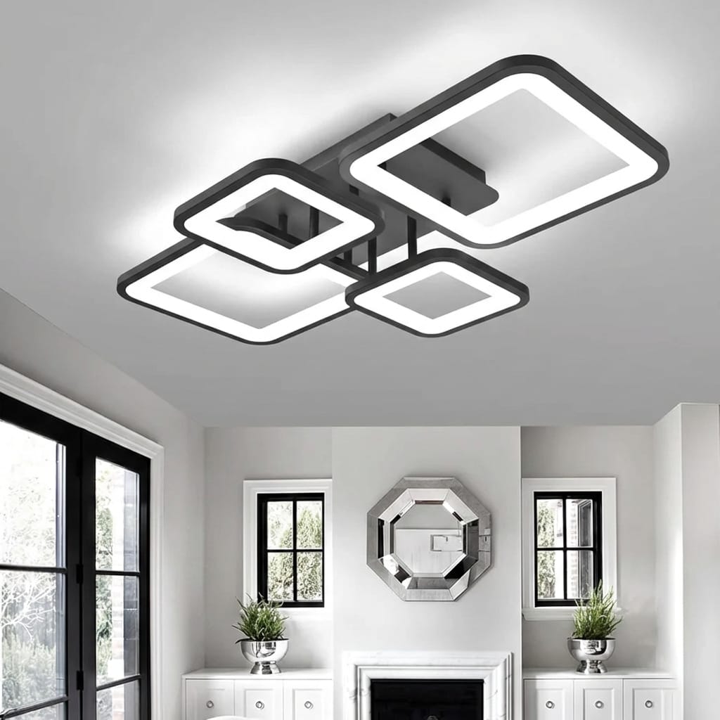 Lustra LED tavan 2+2 patrate neagra, cu telecomanda, echivalent 500W, lustra moderna dormitor