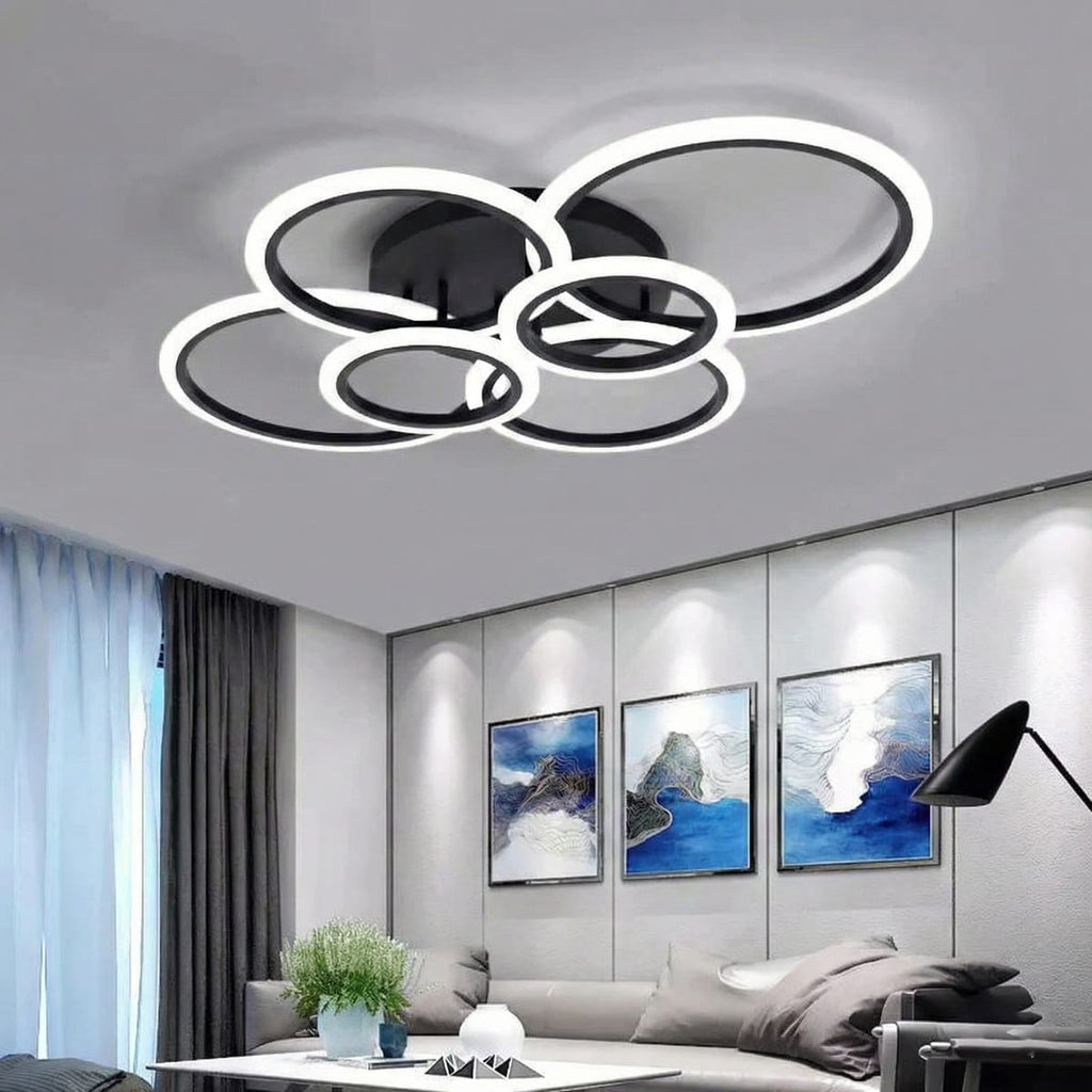 Lustra LED tavan 4+2 cercuri neagra, cu telecomanda, echivalent 600W, design modern living