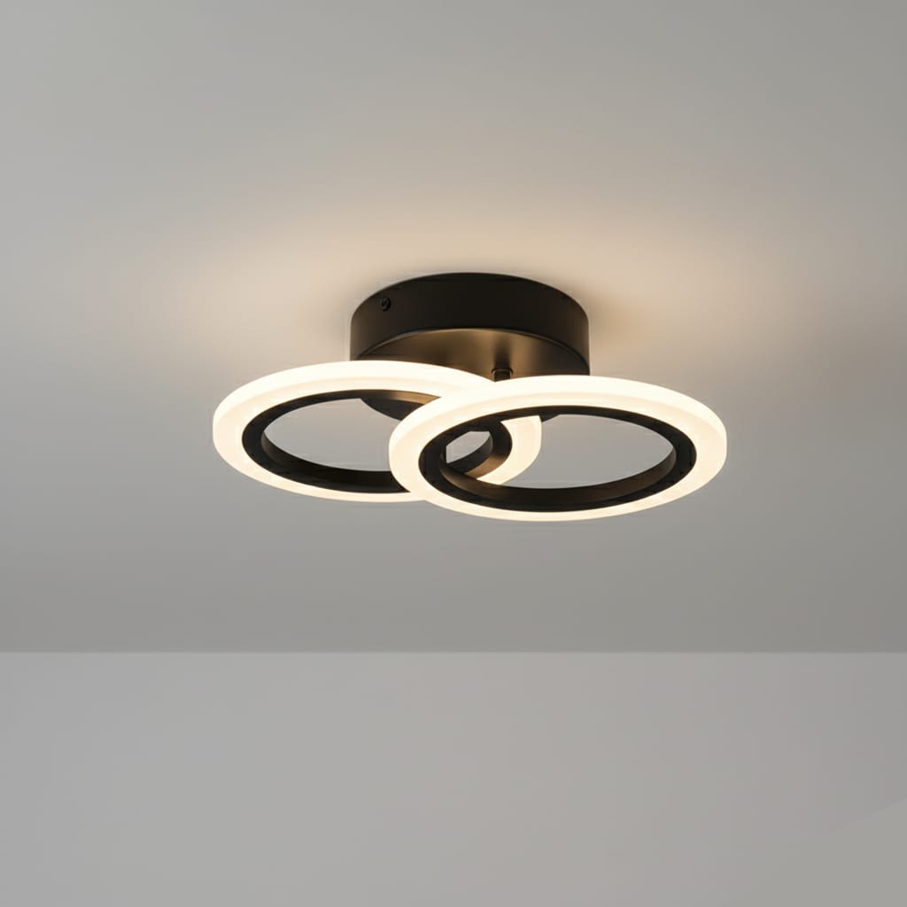 Lustra LED tavan doua cercuri negre, cu telecomanda, echivalent 250W, lustra rotunda 40cm