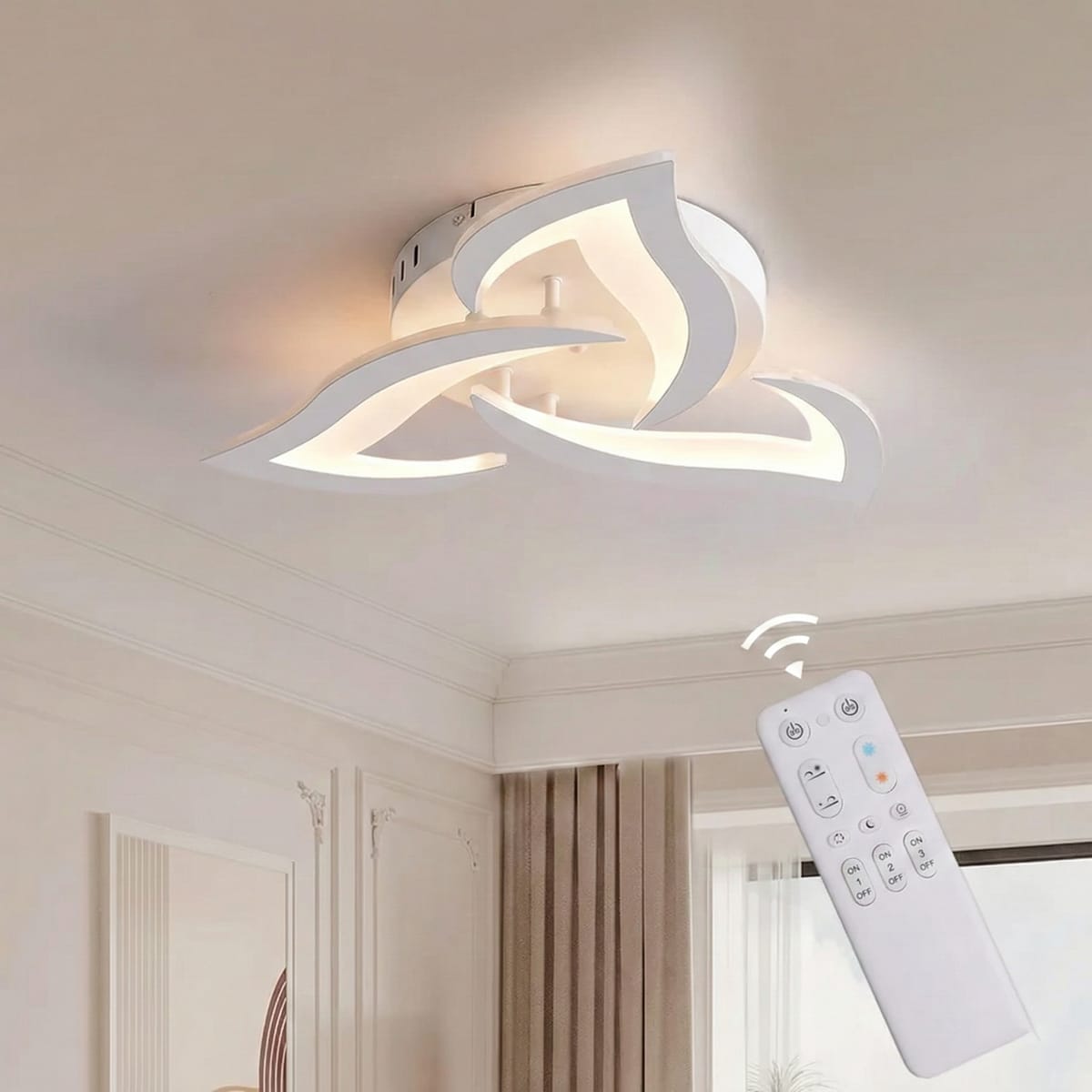 Lustra LED tavan Mini Narcisse alba, cu telecomanda, echivalent 250W, design floare, pentru living
