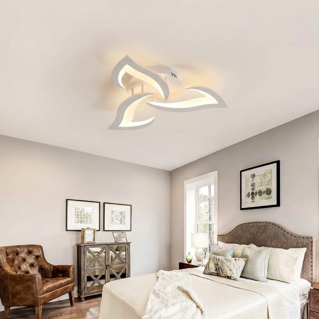 Lustra LED tavan Mini Narcisse alba, cu telecomanda, echivalent 250W, design floare, pentru living