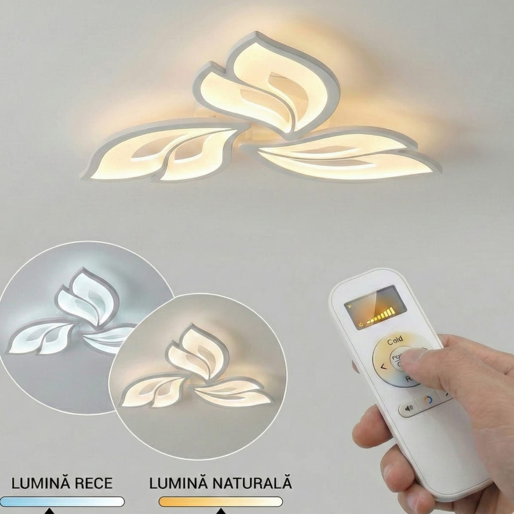 Lustra LED tavan moderna ANEMONE alba, cu telecomanda, echivalent 300 W, design floare 50 cm