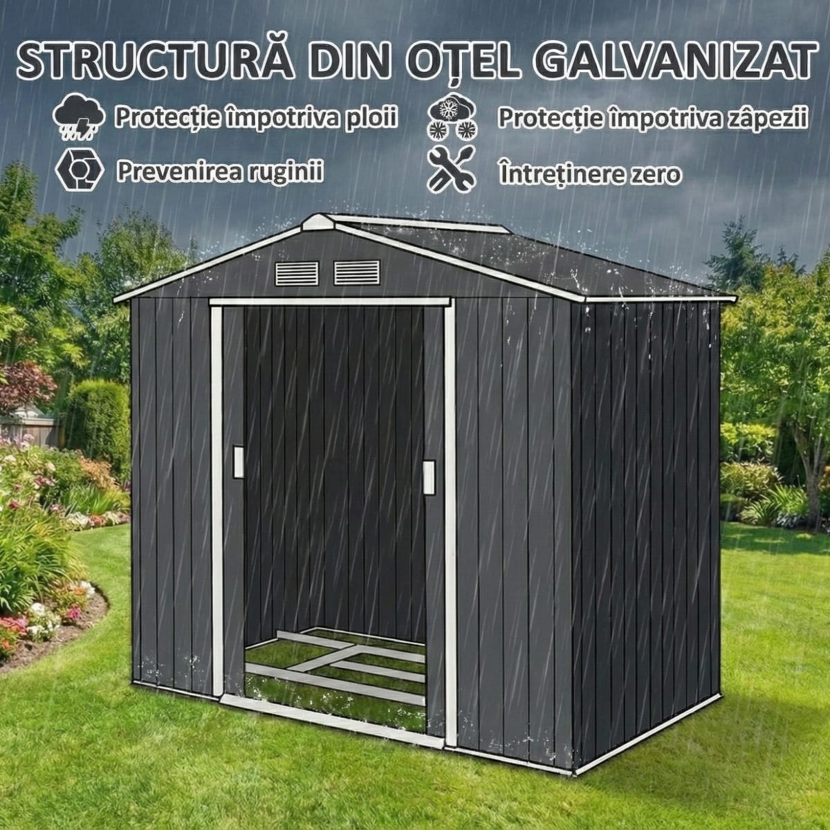 Magazie de Grădină din Oțel Galvanizat cu Uși Glisante, 213x130 cm, Ventilată