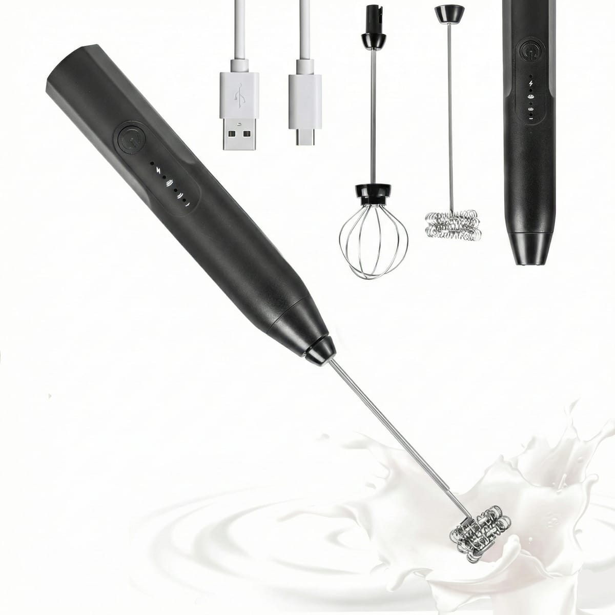 Mini-mixer electric pentru spumare și amestecare rapidă, cu acumulator, 2 capete și 3 trepte, Negru