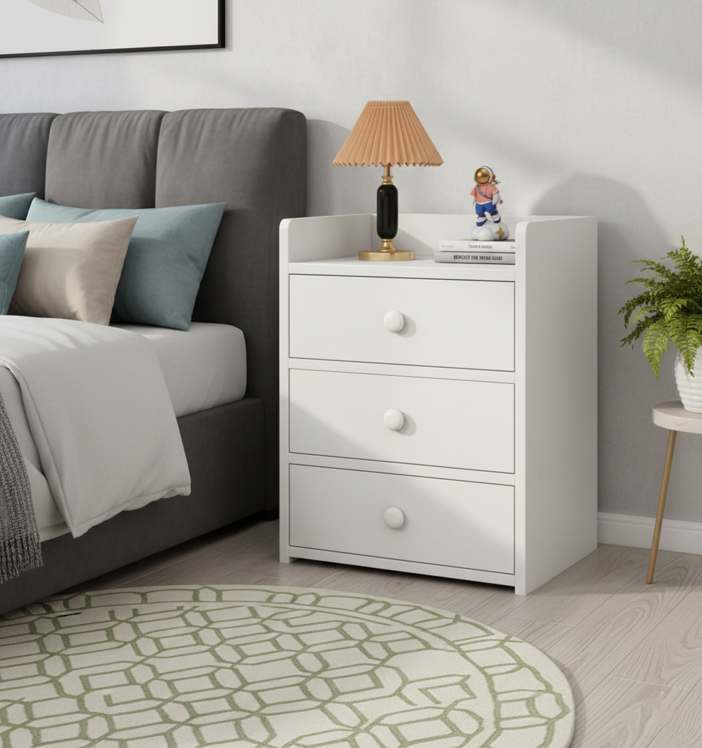 Noptiera Compacta Alba cu 3 Sertare, 40x32x58cm