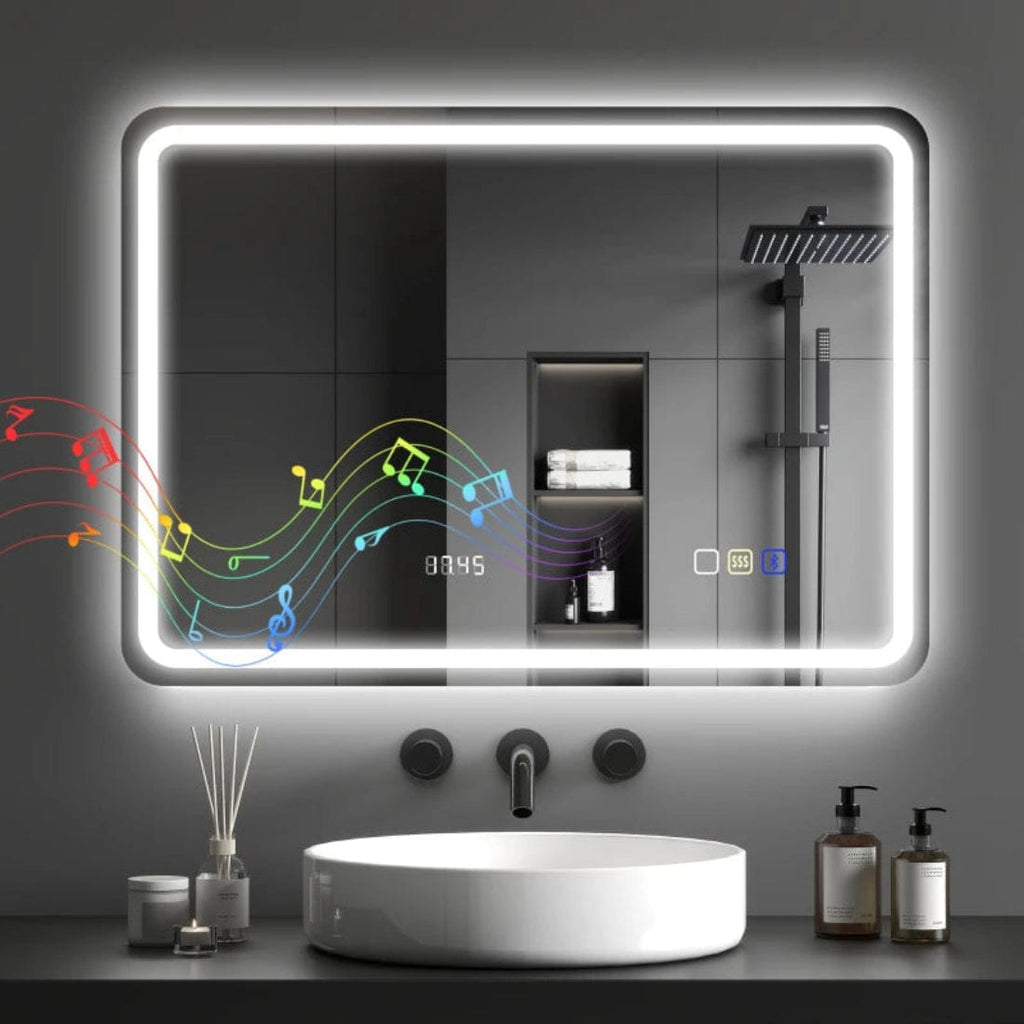 Oglinda touch pentru baie cu led in 3 culori, cu afisare ceas, antiaburire si boxa bluetooth