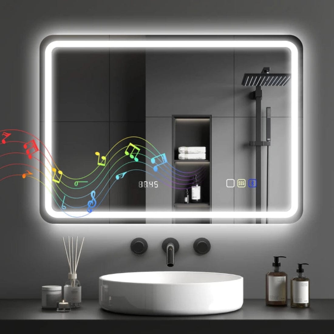 Oglinda touch pentru baie cu led in 3 culori, cu afisare ceas, antiaburire si boxa bluetooth