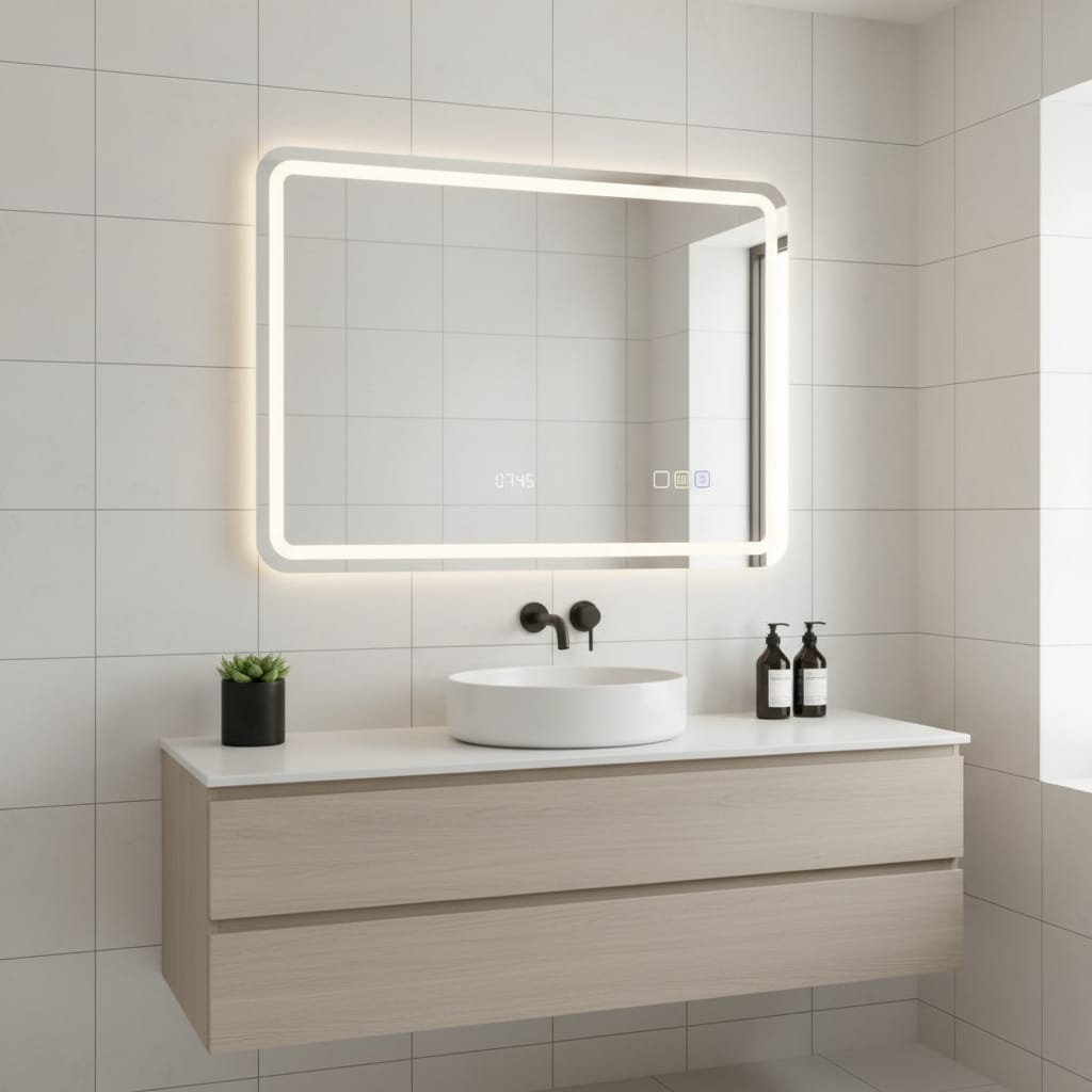 Oglinda touch pentru baie cu led in 3 culori, cu afisare ceas, antiaburire si boxa bluetooth