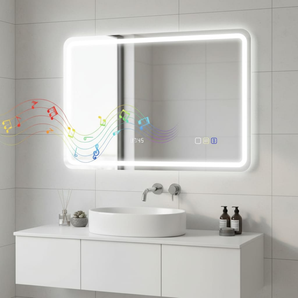 Oglinda touch pentru baie cu led in 3 culori, cu afisare ceas, antiaburire si boxa bluetooth