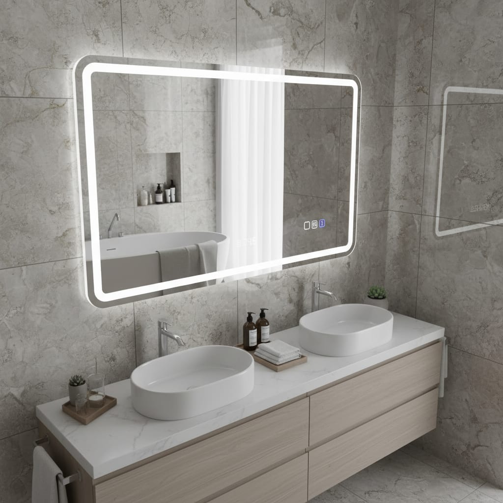 Oglinda touch pentru baie cu led in 3 culori, cu afisare ceas, antiaburire si boxa bluetooth