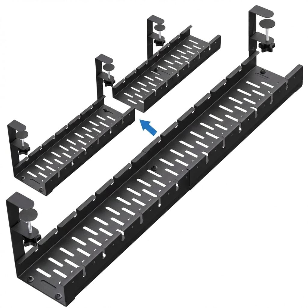 Organizator de cabluri sub birou, tava metalica cu clema, fara gaurire, extensibil 29–54,5 cm, negru