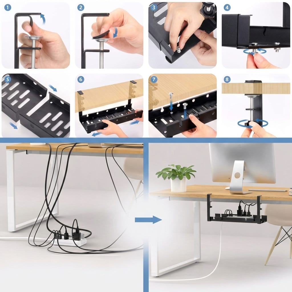 Organizator de cabluri sub birou, tava metalica cu clema, fara gaurire, extensibil 29–54,5 cm, negru