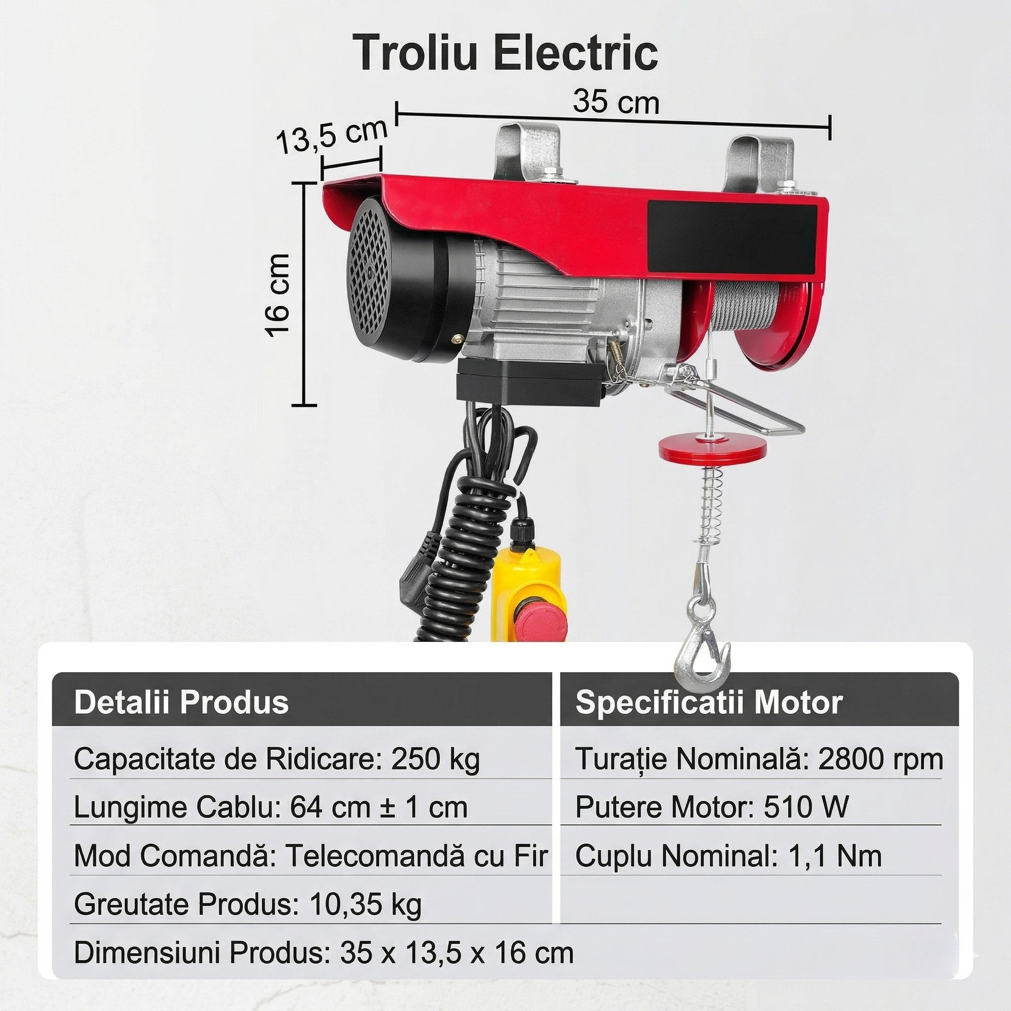 Palan Electric cu Cablu de Otel – Capacitate 250 kg, Motor 510W, Telecomandă 4.2 m
