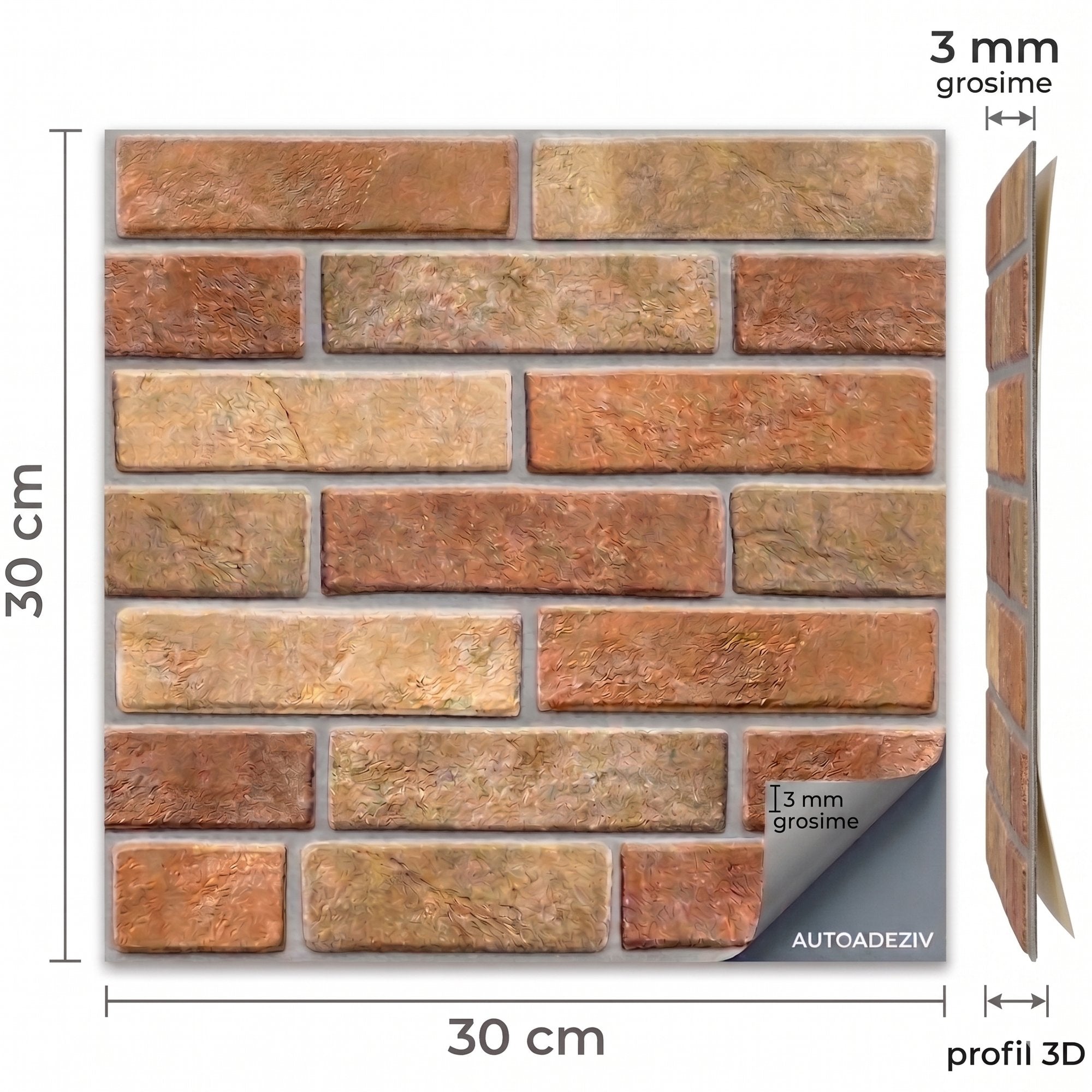 Panouri Decorative 3D Autoadezive, Imitatie Caramida, Set 10 buc (30x30 cm)