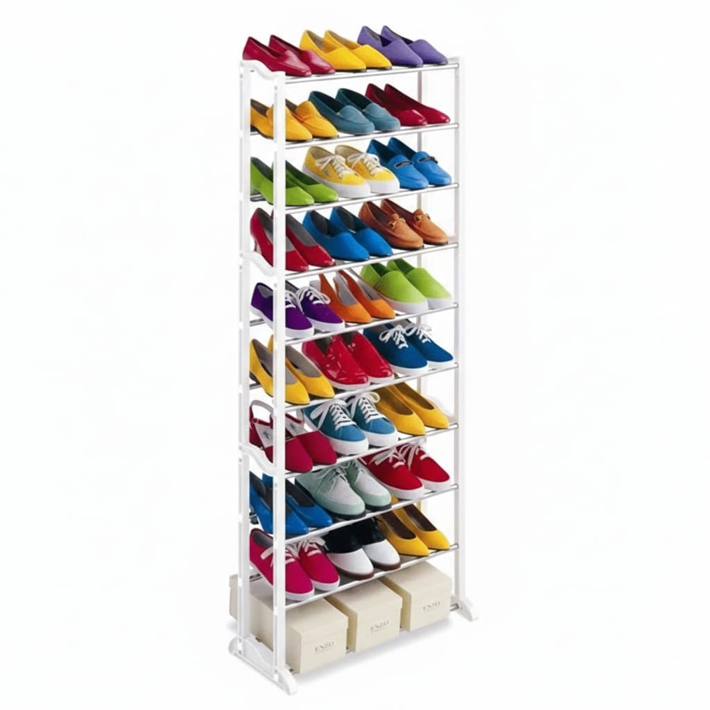 Pantofar pentru organizare eficienta, 30 perechi, model cu 10 rafturi, alb