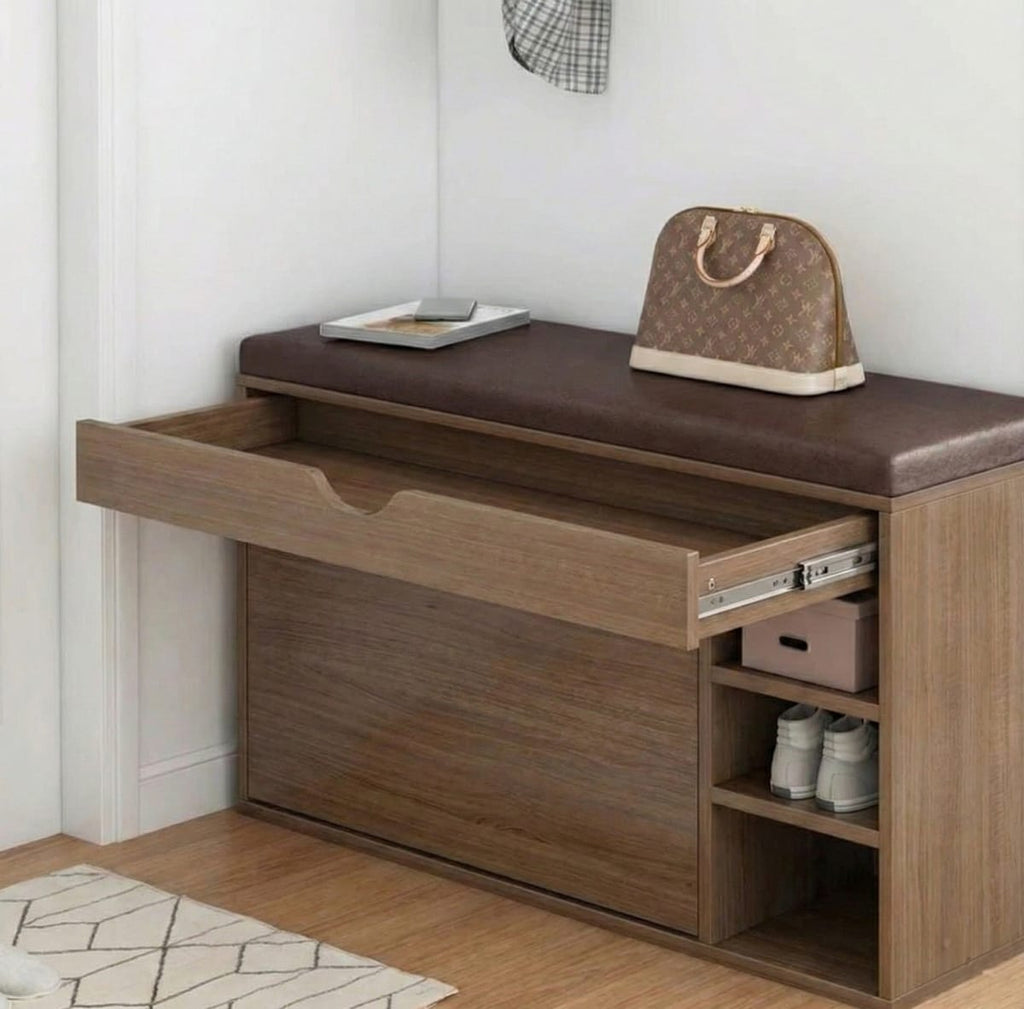 Pantofar tip Bancheta cu Rafturi, Alb/Maro - Maro / 100 x 34 x 51 cm