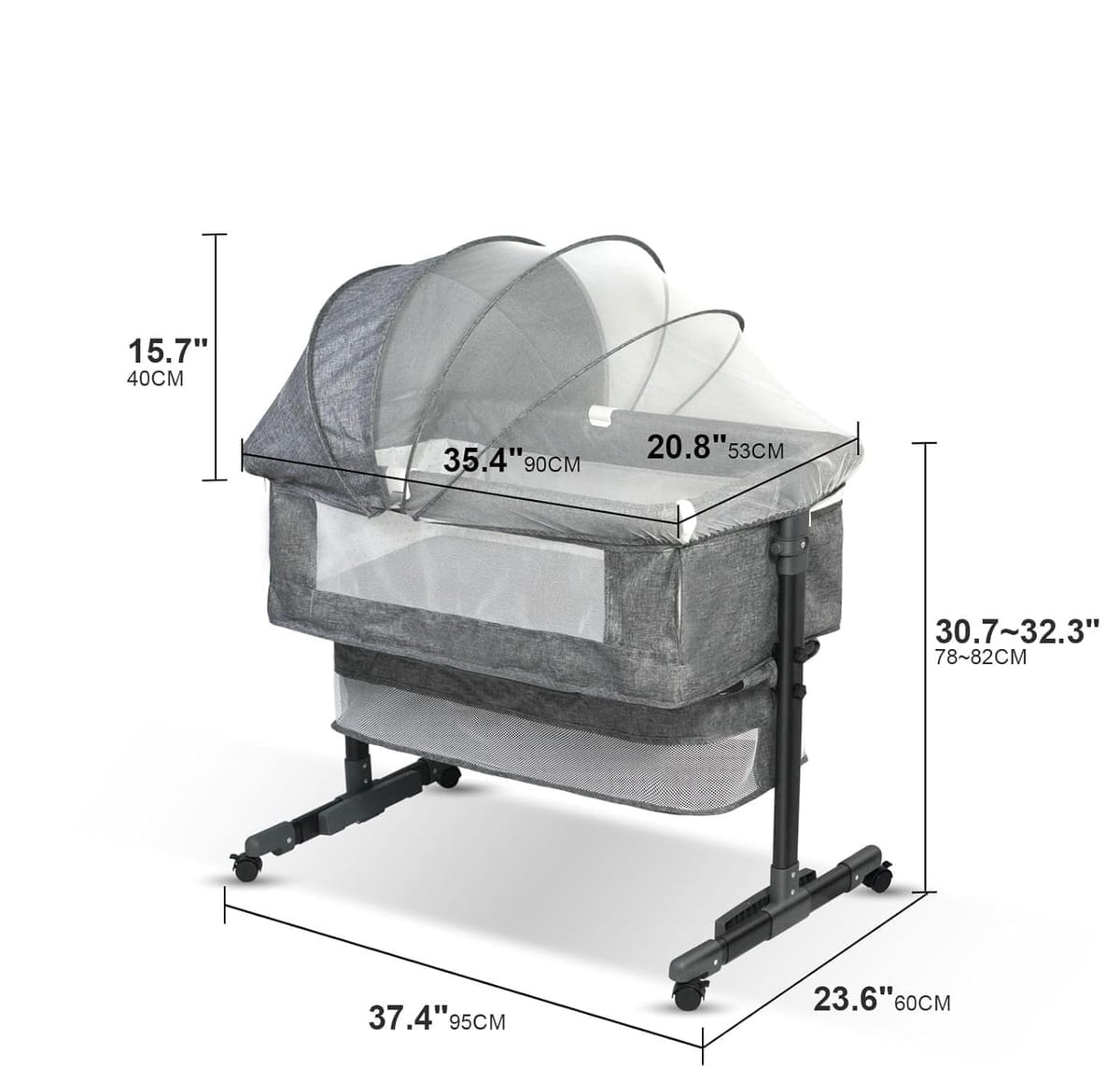 Pătuț Co-Sleeper Reglabil pentru Bebeluşi, Poliester + Metal, cu Roti și Coș