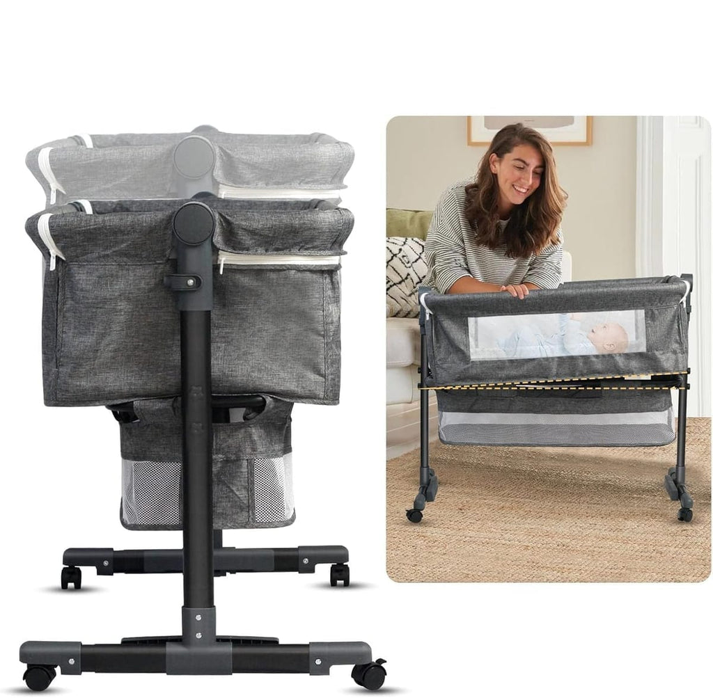 Pătuț Co-Sleeper Reglabil pentru Bebeluşi, Poliester + Metal, cu Roti și Coș
