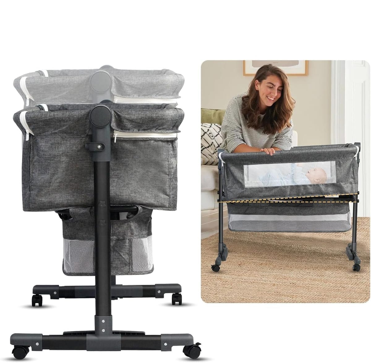 Pătuț Co-Sleeper Reglabil pentru Bebeluşi, Poliester + Metal, cu Roti și Coș