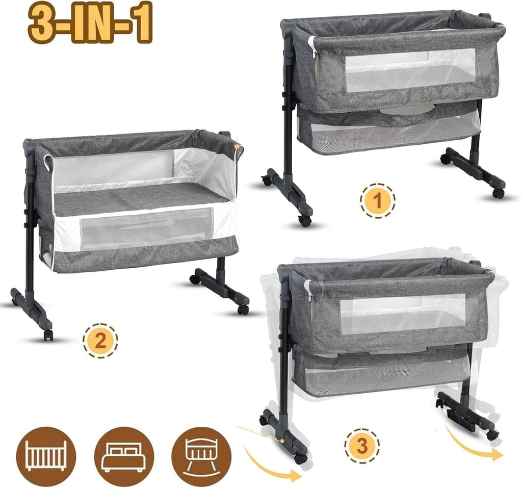 Pătuț Co-Sleeper Reglabil pentru Bebeluşi, Poliester + Metal, cu Roti și Coș