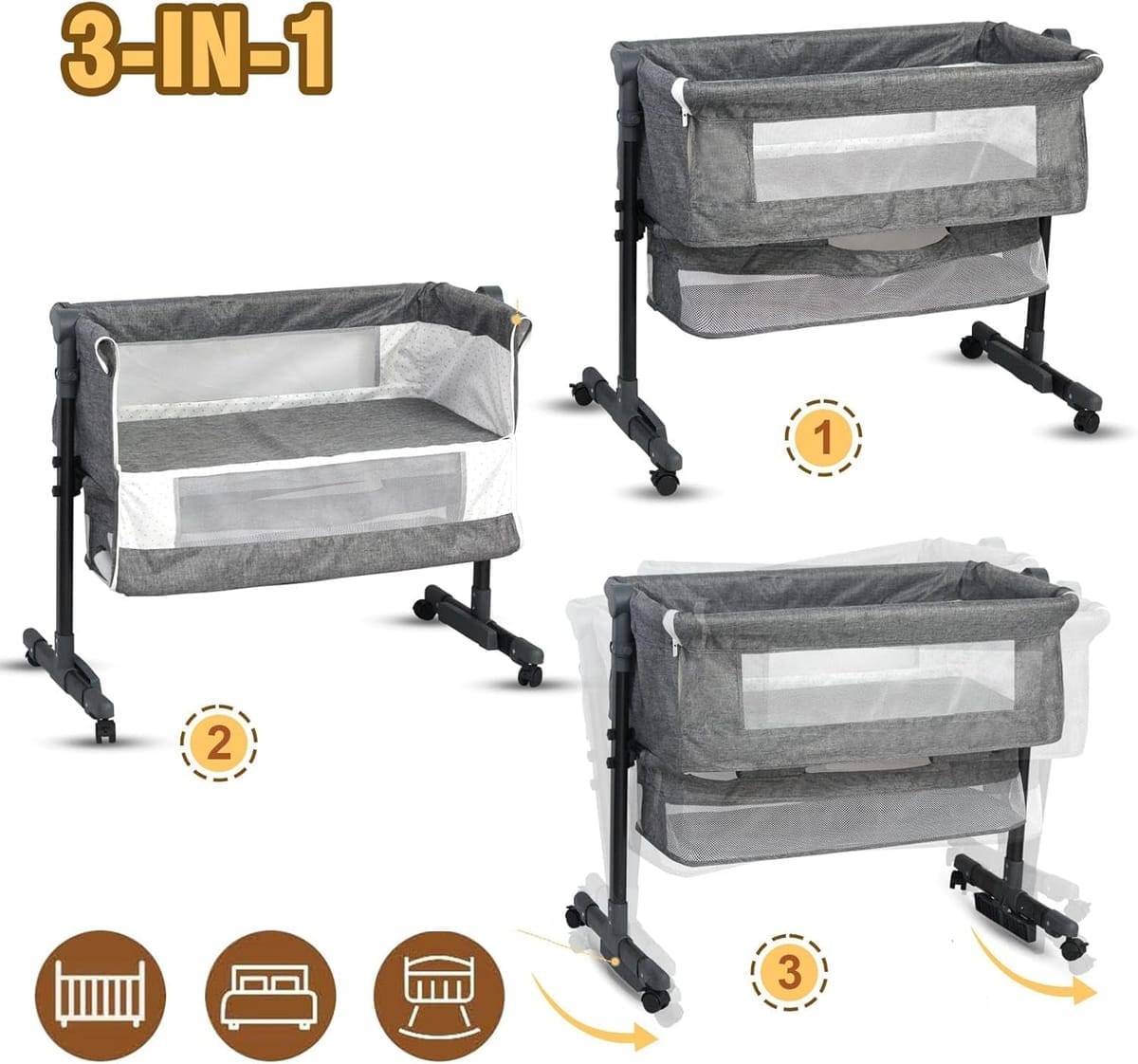Pătuț Co-Sleeper Reglabil pentru Bebeluşi, Poliester + Metal, cu Roti și Coș