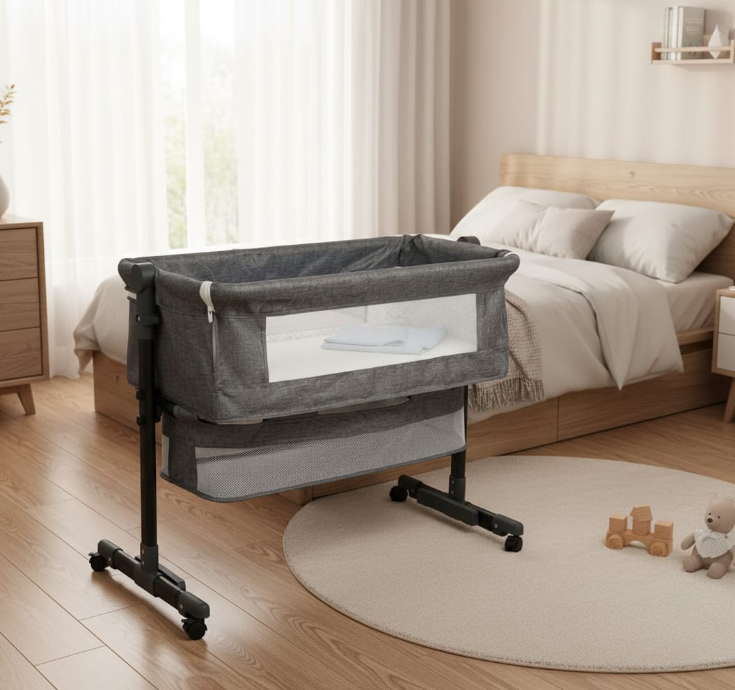 Pătuț Co-Sleeper Reglabil pentru Bebeluşi, Poliester + Metal, cu Roti și Coș