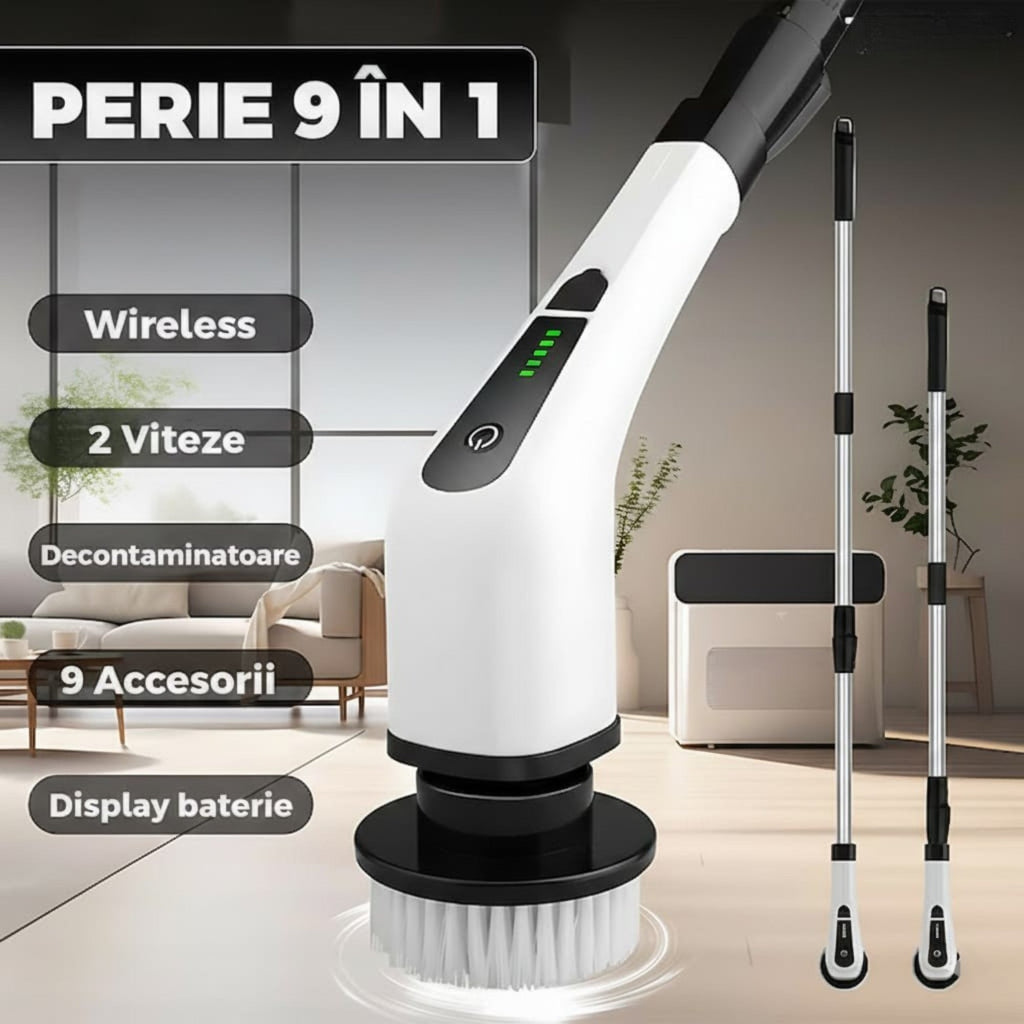 Perie electrica rotativa cu maner extensibil, 9 capete, 2 viteza