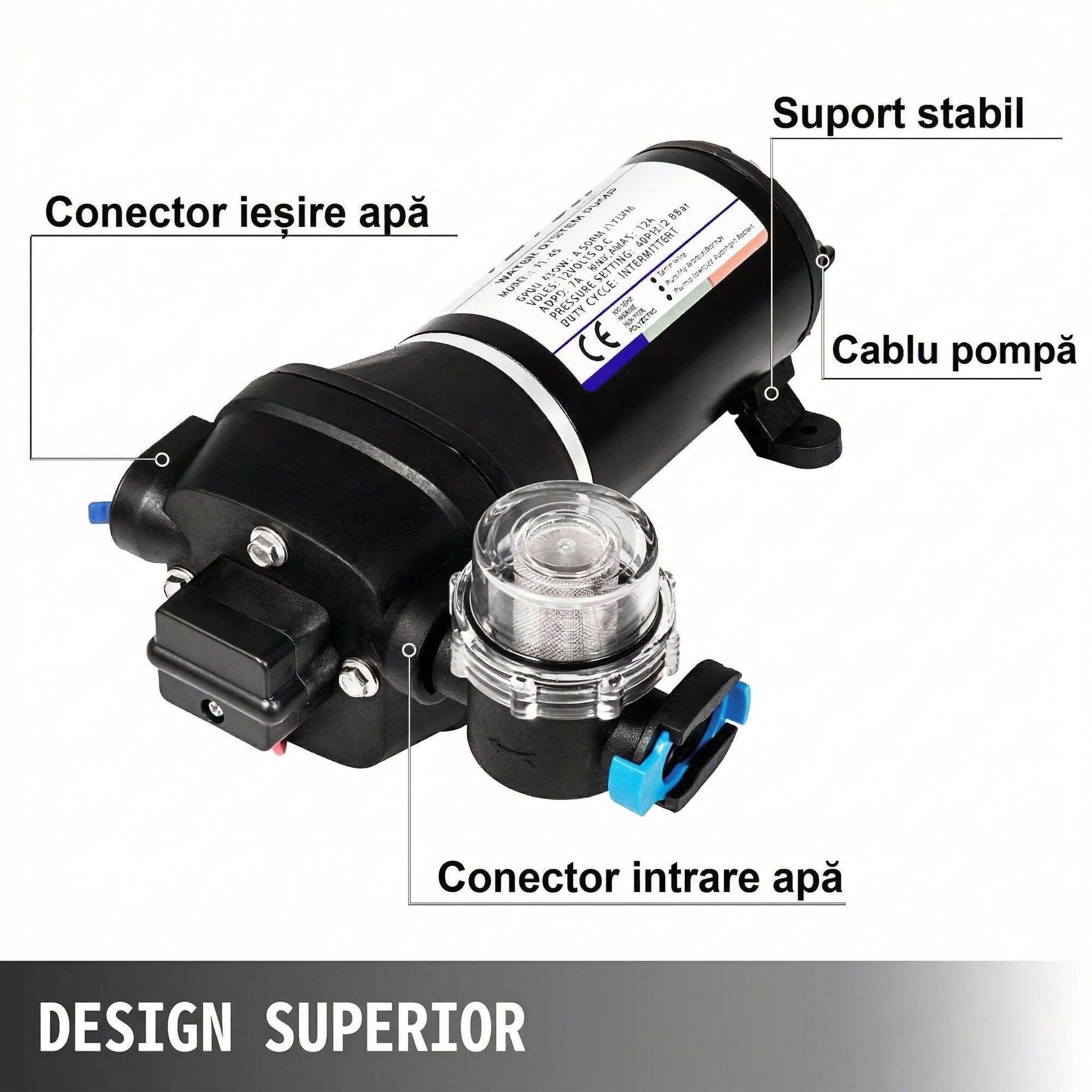 Pompa de Apa cu Diafragma 12V – Autoamorsanta, 17 L/min, Presiune 2.7 Bar