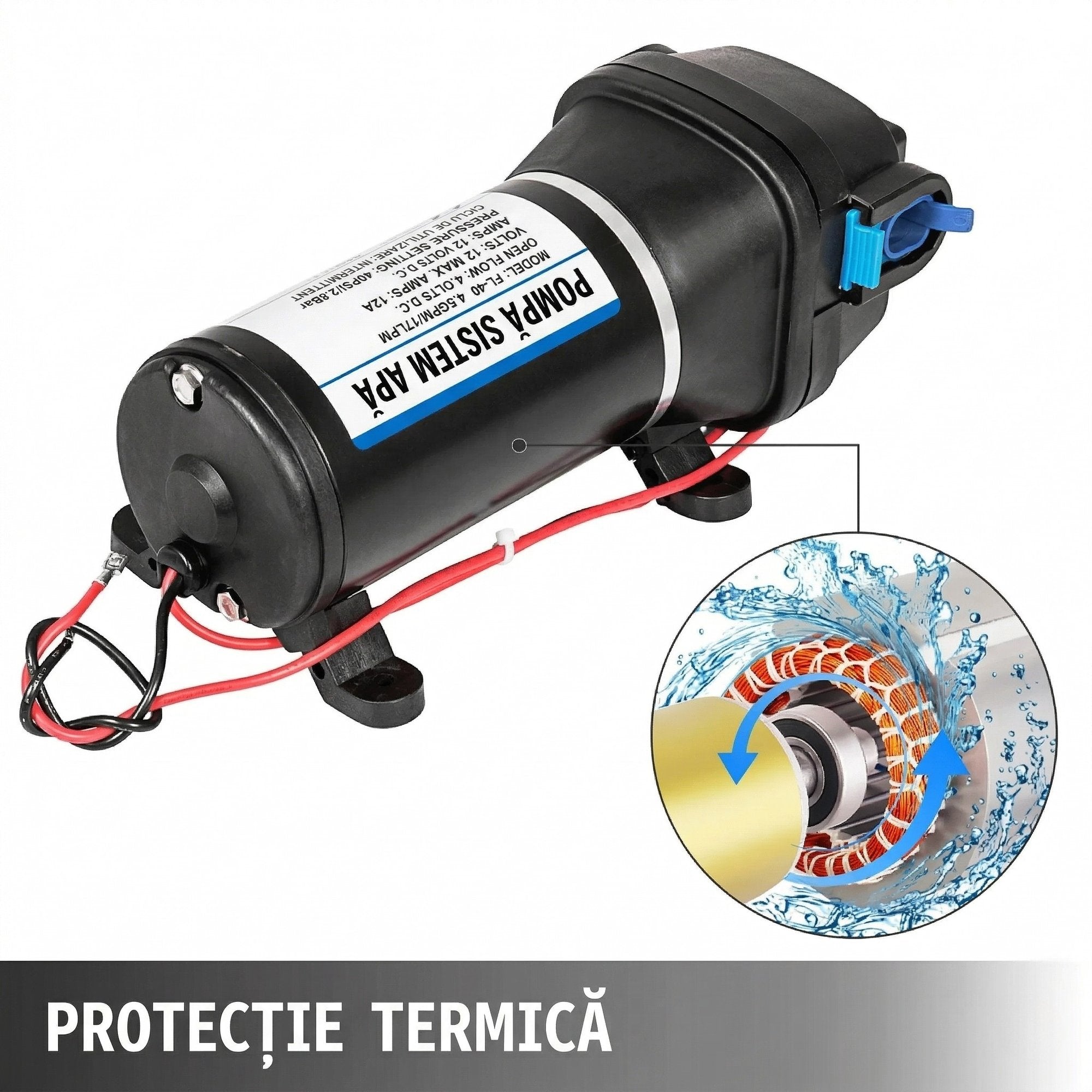 Pompa de Apa cu Diafragma 12V – Autoamorsanta, 17 L/min, Presiune 2.7 Bar