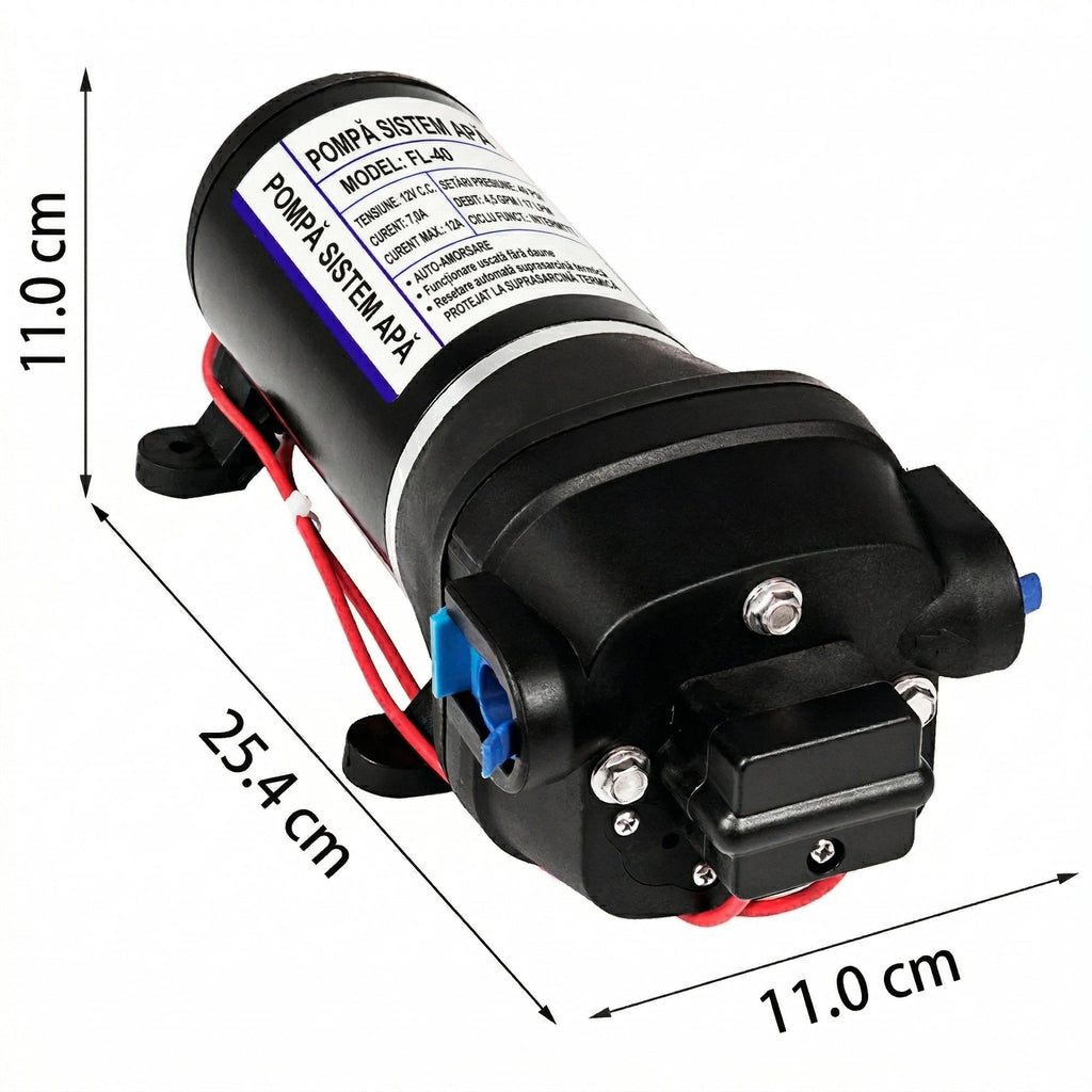 Pompa de Apa cu Diafragma 12V – Autoamorsanta, 17 L/min, Presiune 2.7 Bar