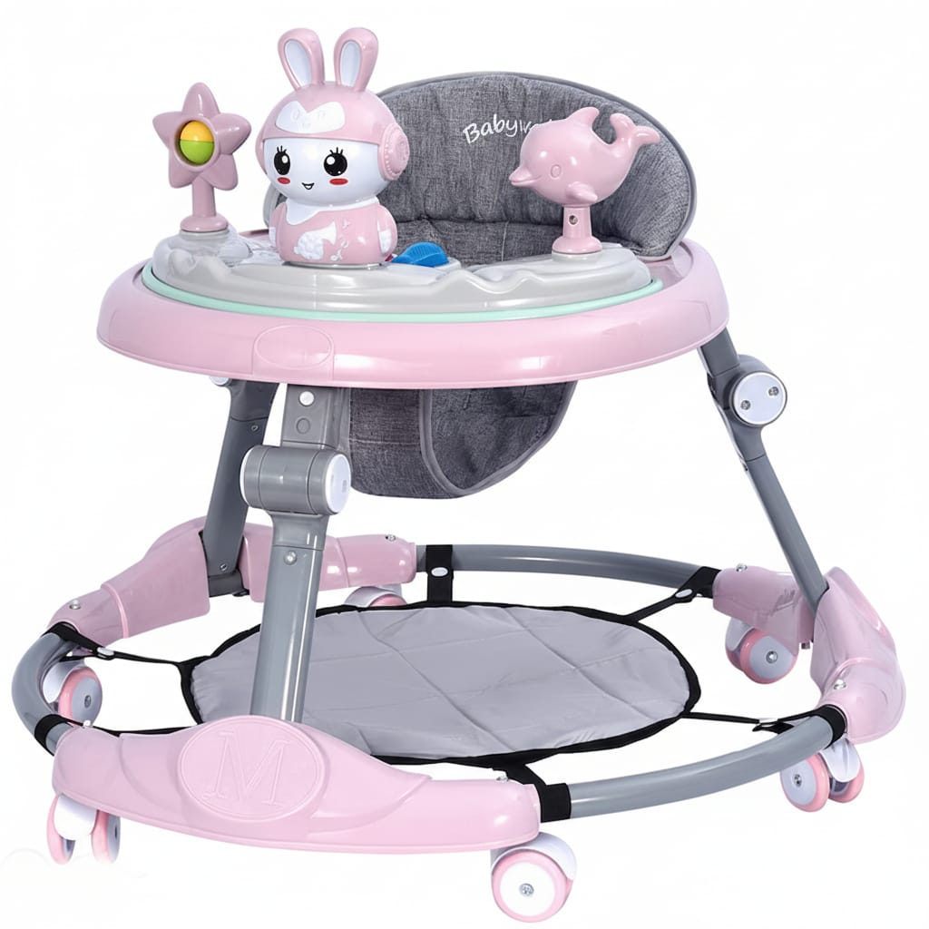 Premergator multifunctional pentru bebelusi, tava cu 3 jucarii si muzica, reglabil si pliabil, max 20 kg, 6–36 luni, roz