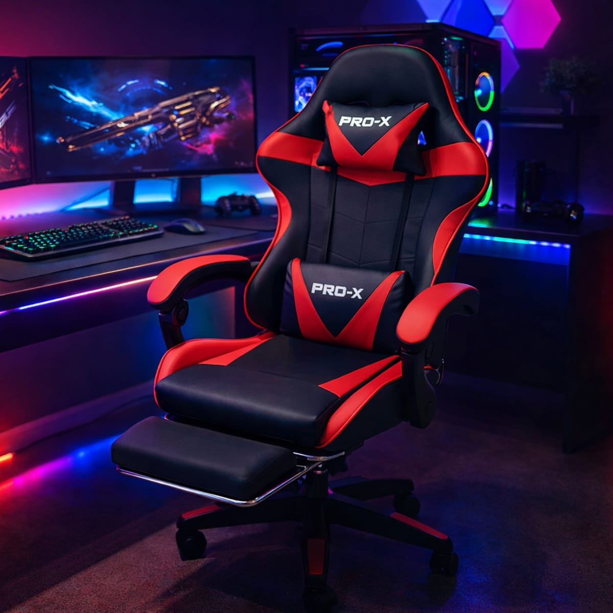 PRO-X COMFORT Scaun Gaming cu Suport pentru Picioare, Negru-Rosu