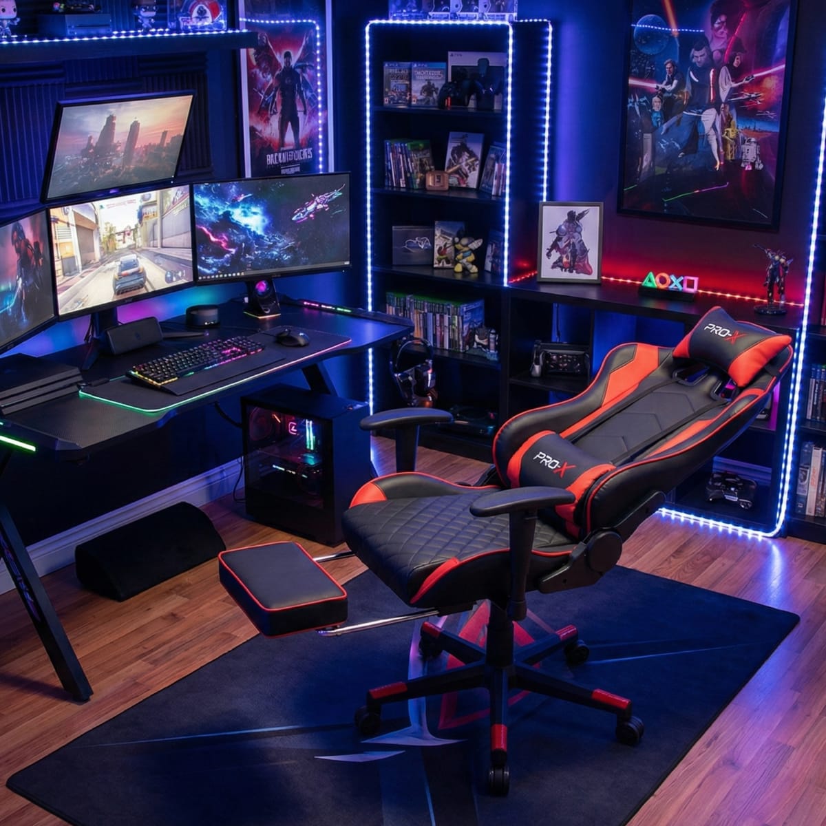 PRO-X COMFORT Scaun Gaming cu Suport pentru Picioare, Negru-Rosu