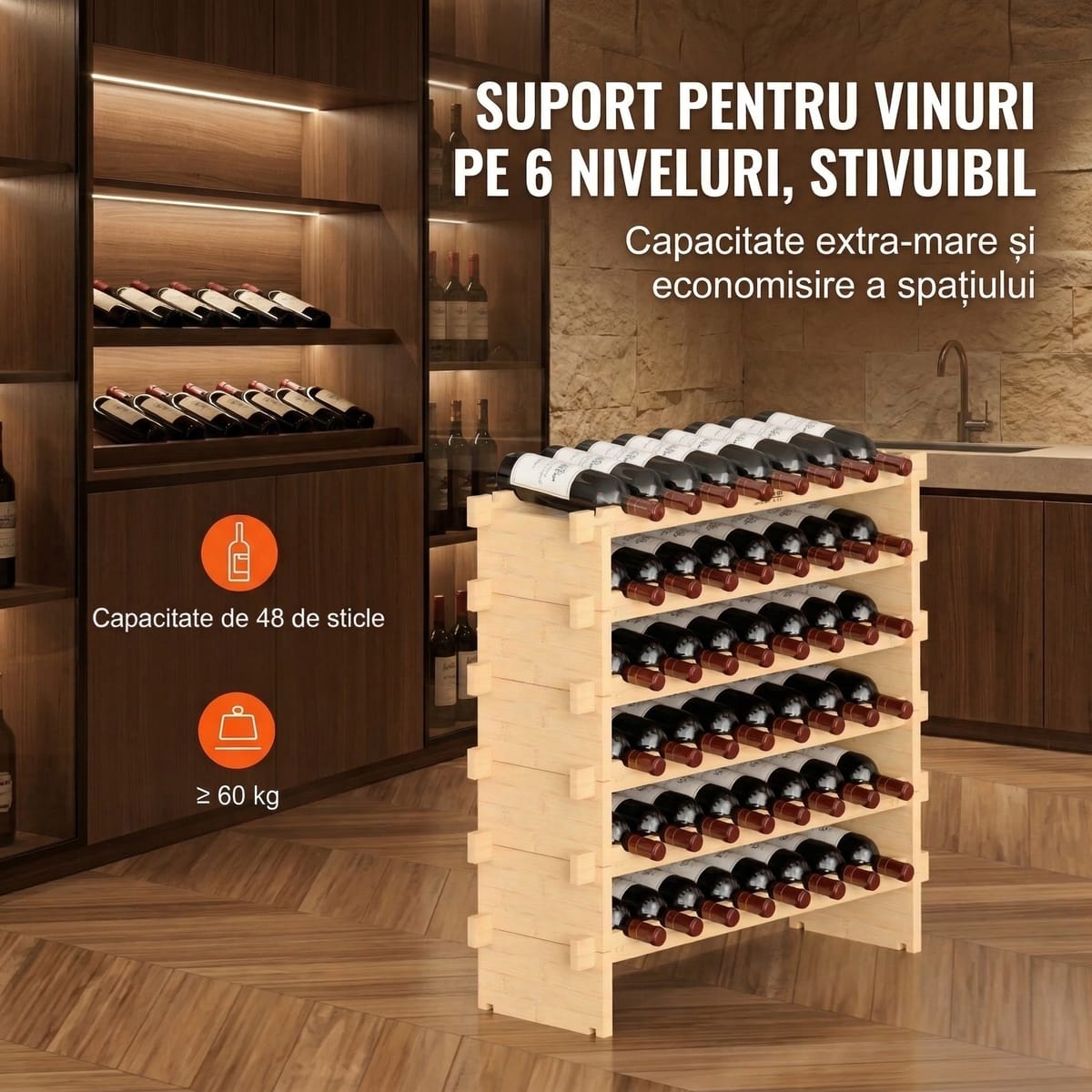 Raft de Vinuri Modular din Bambus, 48 Sticle, Design Elegant și Rezistență Superioară