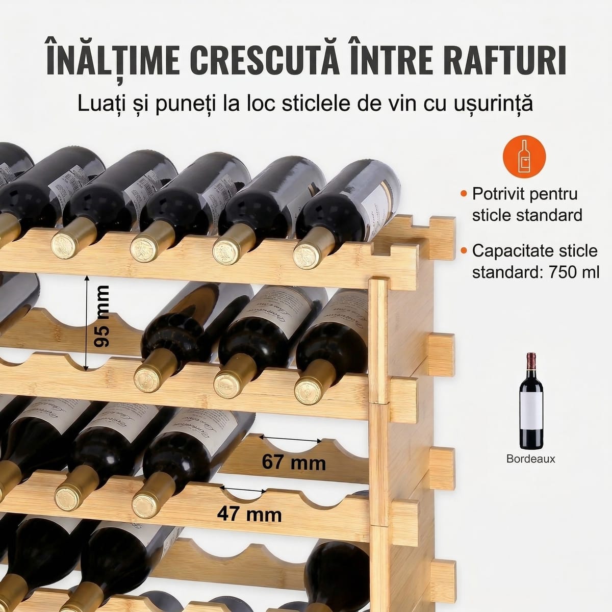 Raft de Vinuri Modular din Bambus, 48 Sticle, Design Elegant și Rezistență Superioară