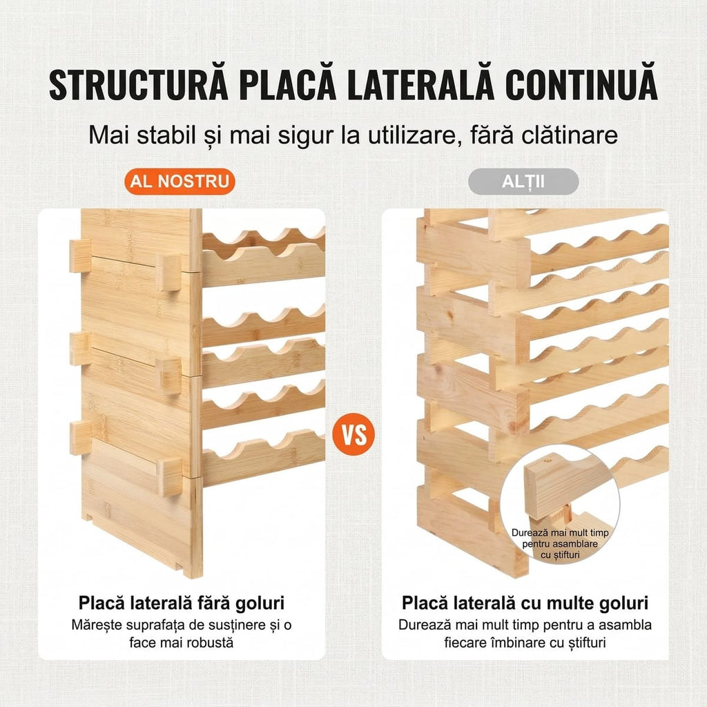 Raft de Vinuri Modular din Bambus, 48 Sticle, Design Elegant și Rezistență Superioară