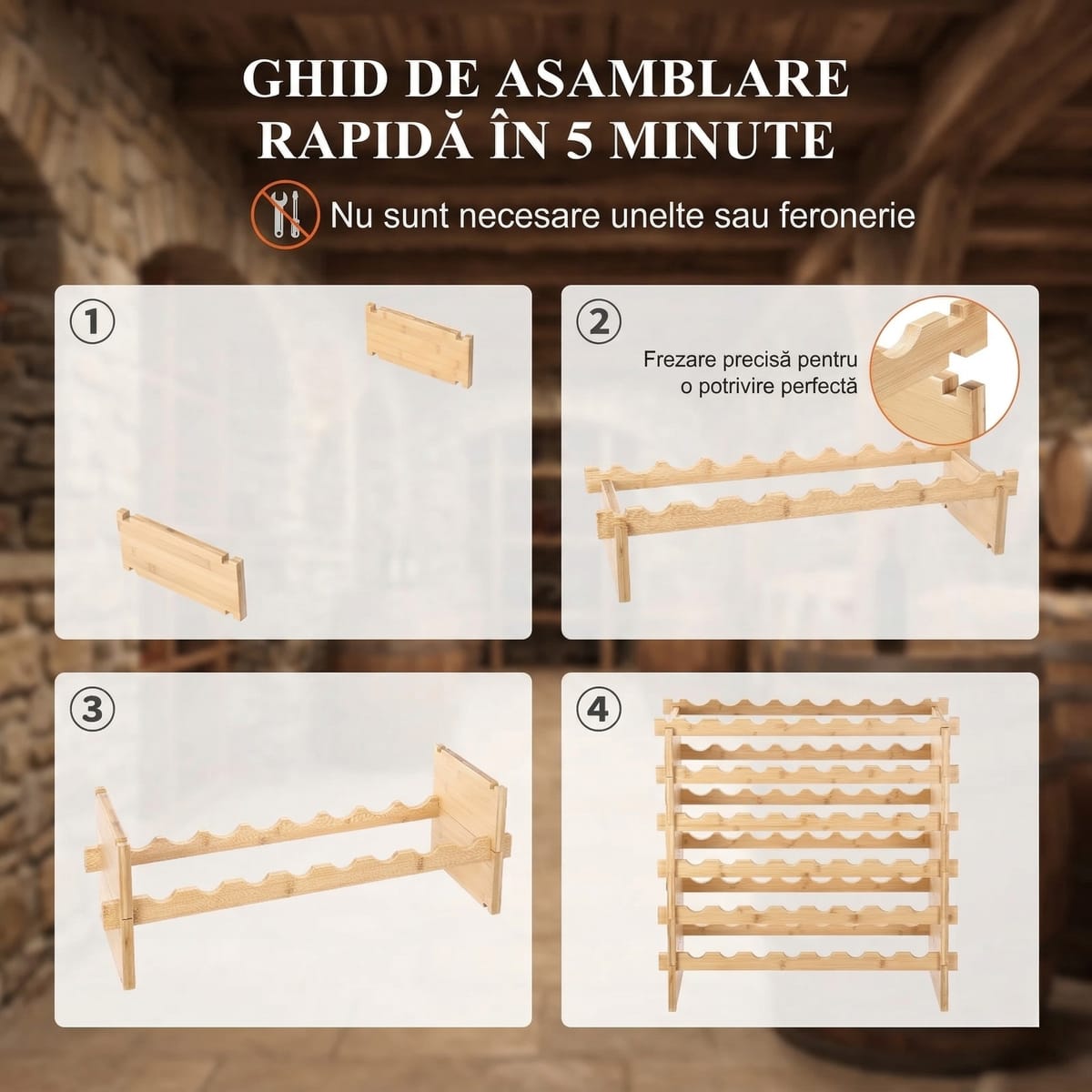 Raft de Vinuri Modular din Bambus, 48 Sticle, Design Elegant și Rezistență Superioară