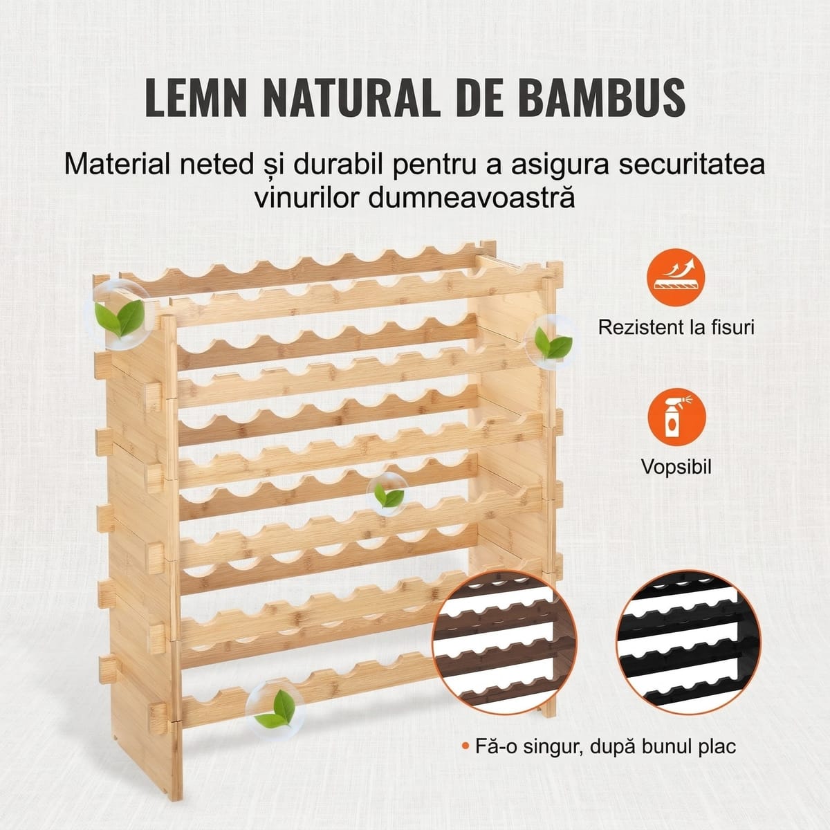 Raft de Vinuri Modular din Bambus, 48 Sticle, Design Elegant și Rezistență Superioară