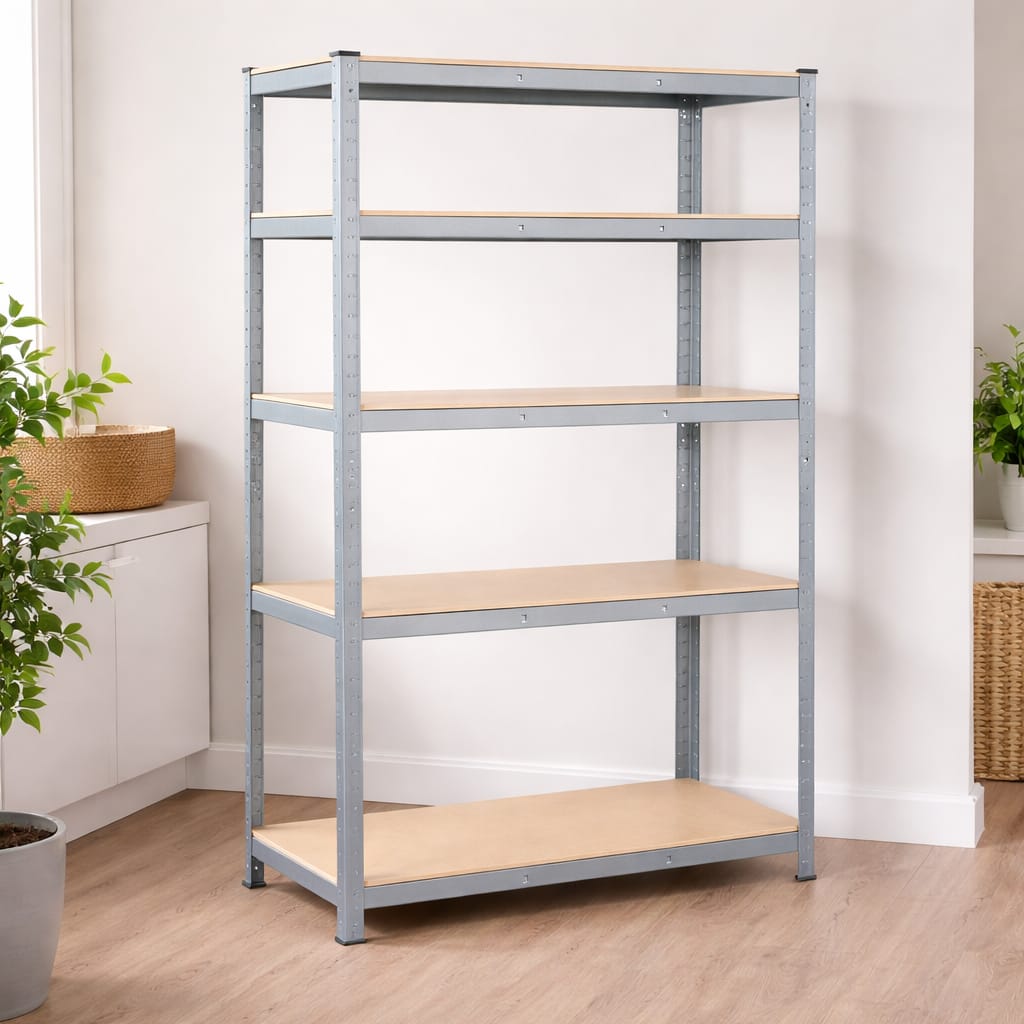 Raft metalic cu 5 polițe MDF, cadru din oțel galvanizat, 150×70×35 cm, 175 kg/poliță