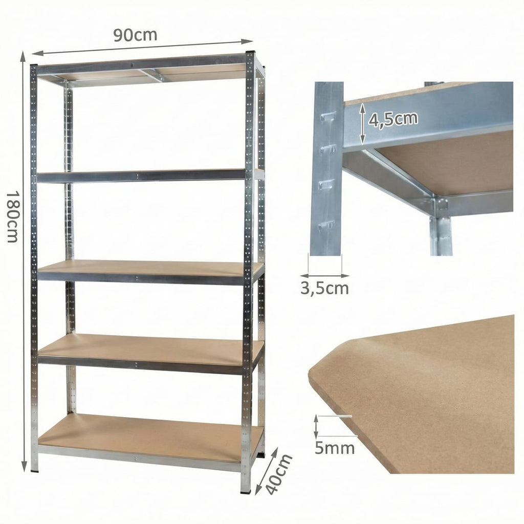 Raft metalic cu 5 polițe MDF, cadru din oțel galvanizat, 150×70×35 cm, 175 kg/poliță